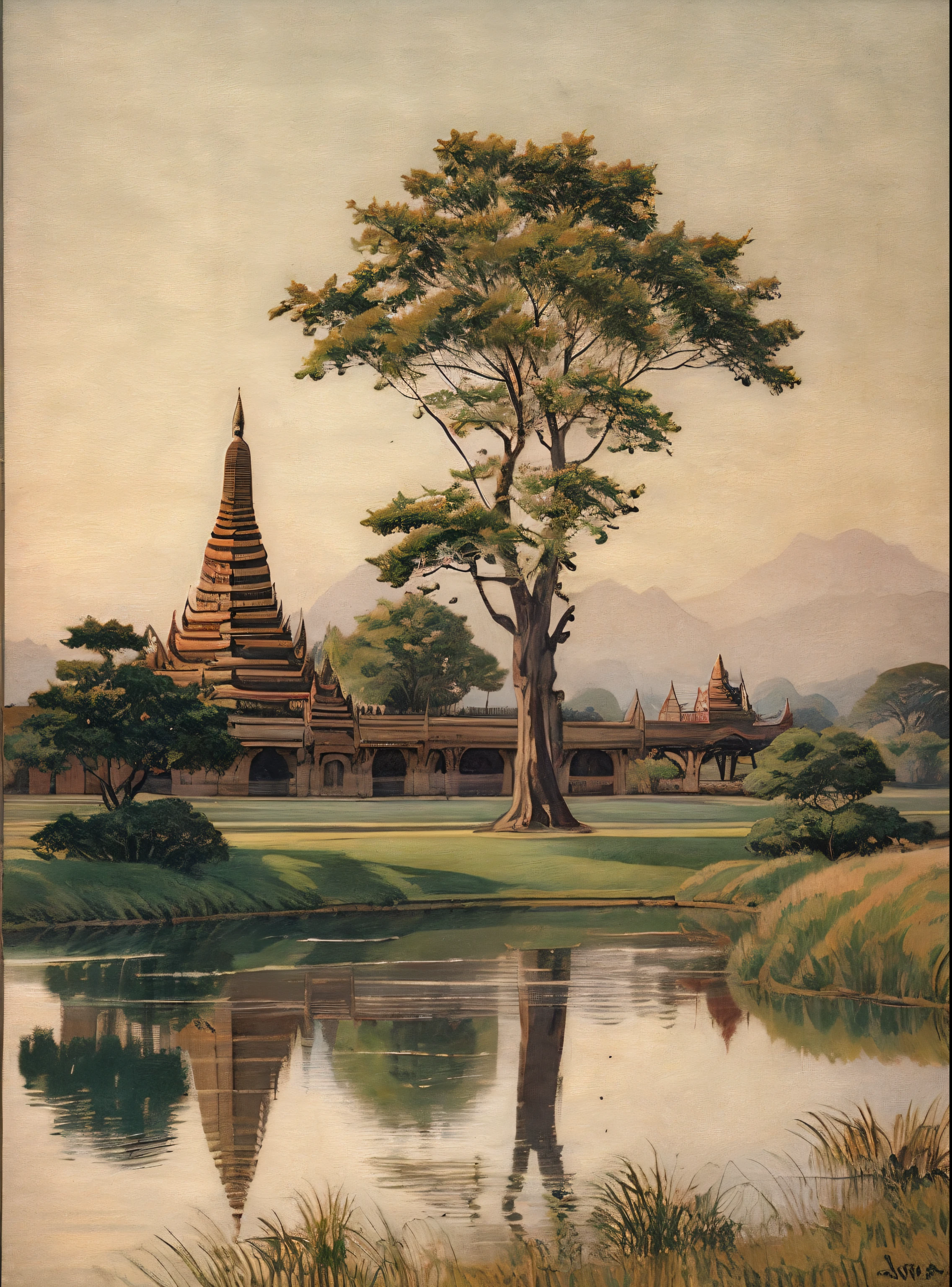 (masterpiece,best quality),vintage,
park,moutain,water,tree, Bagan, Myanmar, Pagodas