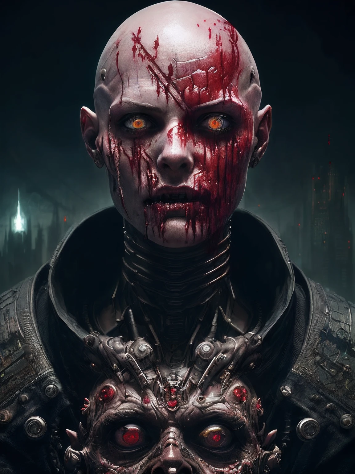 (highly detailed:1.2),(best quality:1.1),(8k:1.0),(emb-rrf-low:1.0),(many many large black tattoos on head and face and eyes:1.2),sharp focus,(subsurface scattering:1.1)
(beautiful detailed young monster cyborg girl:1.2), (no hair:1.2),(full body:1.2), (dynamic pose:1.2), neon glow, (detailed cybernetic eyes:1.1), (eating human flesh:1.3), (blood-stained fangs:1.3), (blood on face:1.2)
(hyperrealistic:1.2), rpg, elden ring style, dramatic lighting, (highly detailed futuristic cityscape:1.2), (horror sci-fi:1.2), detailed digital painting, professional portrait photography, by wlop greg rutkowski jeffrey simpson alphonse mucha