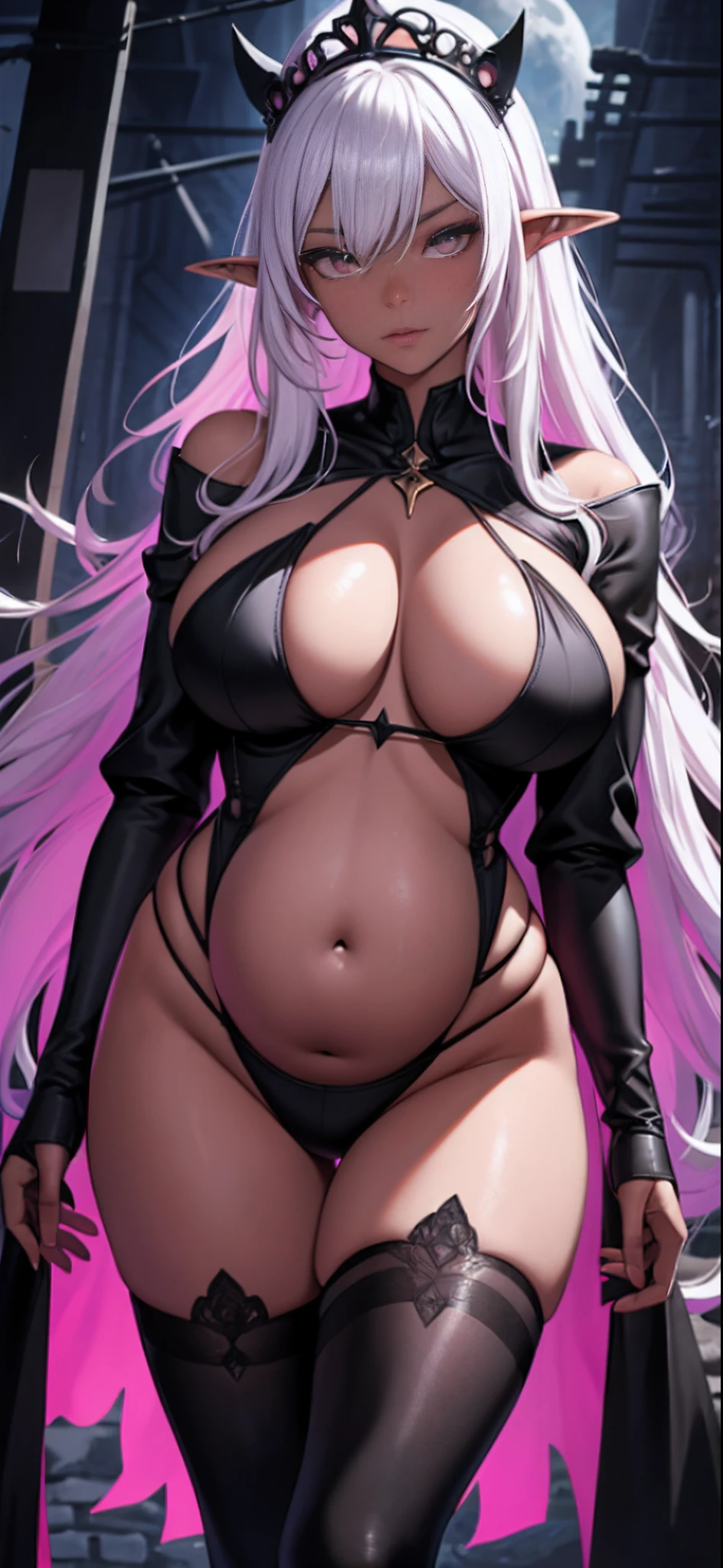 Activate the huge cleavage, (full bodyesbian:1), voluptuous figure, (Bigboobs:1), (big assa:1), (tmasterpiece) (perfectly proportions)(photograph of-realistic)(best qualtiy) (A detailed) (8K) (k hd) (cinmatic lighting) (Sharp focus) (复杂) ,1female,Huge breasts,Pornographic exposure,独奏,full bodyesbian,dark-skin,Drow Elves,Prostitutes,Customs,Sex practitioners,,long white hair,Princess crown,Black skin,elvish ears,Pink love pupils,A happy expression,delicated face,Iron collar,Nipple rings,Lingerie transparent,Purple translucent cloak,Shirtless,slender leg,legs separated,High-waisted oily black silk,pretty high-heel,Sexy figure,The whole body is oily,Prostitutes,9 months pregnant,pregnant women with,hot girls,Q of spades,,(Background night,themoon,Moonlight shines,Black alley background,Unlit alley, Dark atmosphere),Surrounded by blacks,,