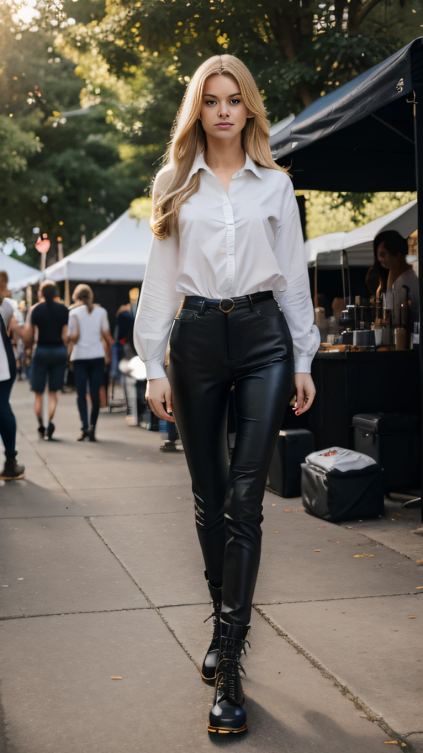 Beautiful woman, (perfect face: 1.5) athletic thin body, very tall, long legs, long blonde hair, festival outfit, sensual, ultra realistic, photo realistic, Canon EF 24-70mm f/2.8L II USM lens on a Canon EOS 5D Mark IV camera, (full body shot: 1.5), focus on long legs, wide shot, flirting with camera, doc martens