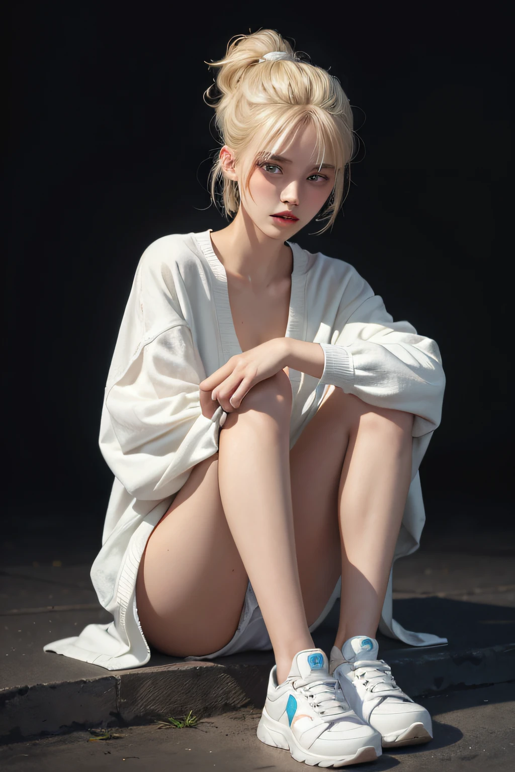 a 20 yo woman,The blonde,(High top fade in and out:1.3),dark themes,soothing tones,pastelcolor,hight contrast,(Natural skin texture,ultra-realistic realism,the soft light,sharp)Wear small shoes