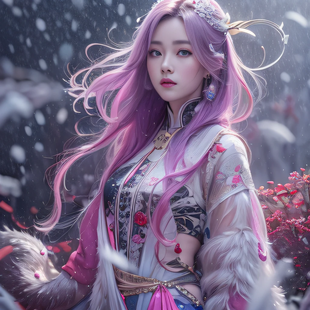 Snow Circle Forbidden 32K(tmasterpiece,k hd,hyper HD,32K)Long flowing purple-pink hair,Autumn Pond,zydink, a color, Tongzhou people (Girl with glowing eyes), (Thin silk scarf), Combat posture, looking at the ground, long whitr hair, Floating hair, Python headdress, Chinese long-sleeved clothing, (abstract ink splash:1.2), white backgrounid,Lotus protector(realisticlying:1.4),Purple-pink hair,Smoke and rain,The background is pure, A high resolution, the detail, RAW photogr, Sharp Re, Nikon D850 Film Stock Photo by Jefferies Lee 4 Kodak Portra 400 Camera F1.6 shots, Rich colors, ultra-realistic vivid textures, Dramatic lighting, Unreal Engine Art Station Trend, cinestir 800,Long flowing purple-pink hair