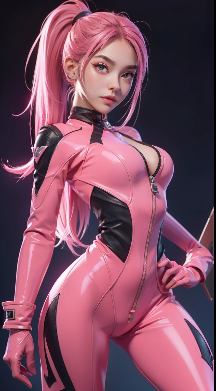 Solo, Super Fine Photo, portrait Unreal Engine 5 8K UHD of beautiful and cute girl, pigtail hair, Pink one-color color scheme plain Titra Tex catsuit, Plain pink gloves, Full body pink rubber suit, More about coral neon lights, beautiful make up, Luxurious, Best Quality, masutepiece, Official art, Unified 8K Wallpaper, super detailed, Sharp Focus, Dynamic Pose, Body parts
