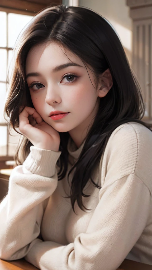 (​masterpiece),(Put your arm on the desk and put your cheek cane on your cheek)femele,Pretty face,Eyes looking lovingly,Breast size:1.1(sweater),At a front angle, please,Close-up, please.