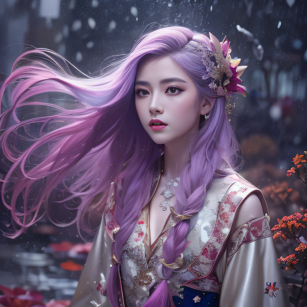 Snow Circle Forbidden 32K(tmasterpiece,k hd,hyper HD,32K)Long flowing purple-pink hair,Autumn Pond,zydink, a color, Tongzhou people (Girl with glowing eyes), (Thin silk scarf), Combat posture, looking at the ground, long whitr hair, Floating hair, Python headdress, Chinese long-sleeved clothing, (abstract ink splash:1.2), white backgrounid,Lotus protector(realisticlying:1.4),Purple-pink hair,Smoke and rain,The background is pure, A high resolution, the detail, RAW photogr, Sharp Re, Nikon D850 Film Stock Photo by Jefferies Lee 4 Kodak Portra 400 Camera F1.6 shots, Rich colors, ultra-realistic vivid textures, Dramatic lighting, Unreal Engine Art Station Trend, cinestir 800,Long flowing purple-pink hair
