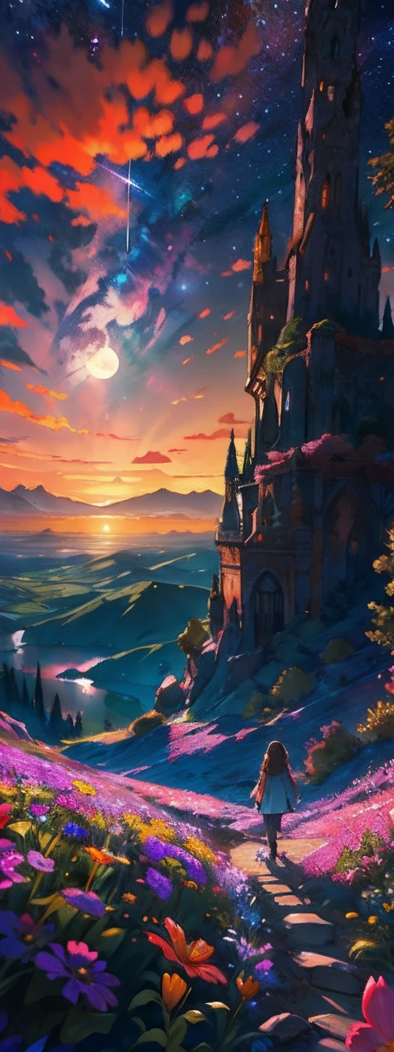 Expansive landscape photograph, (view from below with a view of the sky and the wilderness below), little girl standing in a flower field looking up, (full moon: 1.2), (shooting star: 0.9), (nebula: 1.3), distant mountain, tree break production art, (warm light source: 1.2), (firefly: 1.2), lamp, purple and orange, intricate detail, volume lighting BREAK (masterpiece: 1.2), (highest quality ), 4k, ultra-detailed, (dynamic configuration: 1.4), highly detailed and colorful details (iridescent: 1.2), (sparkling lighting, atmospheric lighting), dreamy, magical, (solo: 1.2)