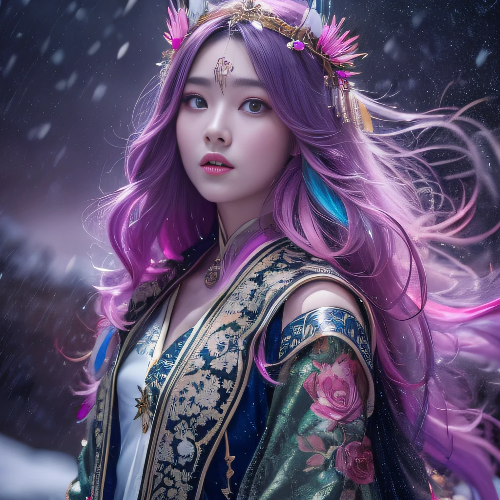 Snow Hoop Exclusion Zone 32K(tmasterpiece,k hd,hyper HD,32K)Long flowing purple-pink hair,Autumn Pond,zydink, a color, Tongzhou people (Girl with glowing eyes), (Thin silk scarf), Combat posture, looking at the ground, long whitr hair, Floating hair, Python headdress, Chinese long-sleeved clothing, (abstract ink splash:1.2), white backgrounid,Lotus protector(realisticlying:1.4),Purple-pink hair,Smoke and rain,The background is pure, A high resolution, the detail, RAW photogr, Sharp Re, Nikon D850 Film Stock Photo by Jefferies Lee 4 Kodak Portra 400 Camera F1.6 shots, Rich colors, ultra-realistic vivid textures, Dramatic lighting, Unreal Engine Art Station Trend, cinestir 800,Long flowing purple-pink hair