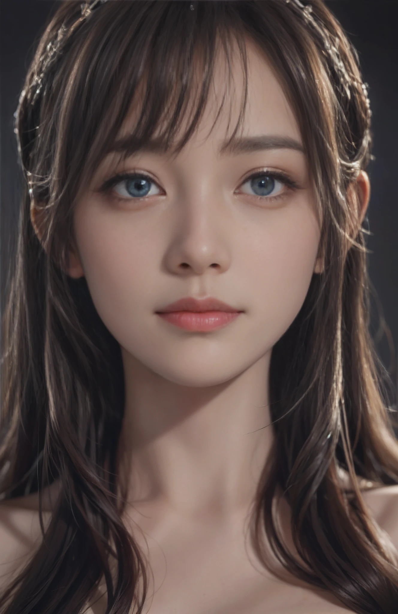 Masterpiece, 1 Beautiful Girl, Detailed, Swollen Eyes, Best Quality, Ultra High Resolution, (Reality: 1.4), Original Photo, 1Girl, Cinematic Lighting, Smiling, Japanese, Asian Beauty, Korean, Neat, Very Beautiful, Slightly Young Face, Beautiful Skin, Slender, Cyberpunk Background, (ultra realistic), (illustration), (high resolution), (8K), (very detailed), (best illustration), (beautifully detailed eyes), (super detailed), (wallpaper), (detailed face), viewer looking, fine details, detailed face, deep shadow, low key, pureerosfaceace_v1, smile, 46 point slanted bangs, facing straight ahead, neat clothes, black colored eyes,