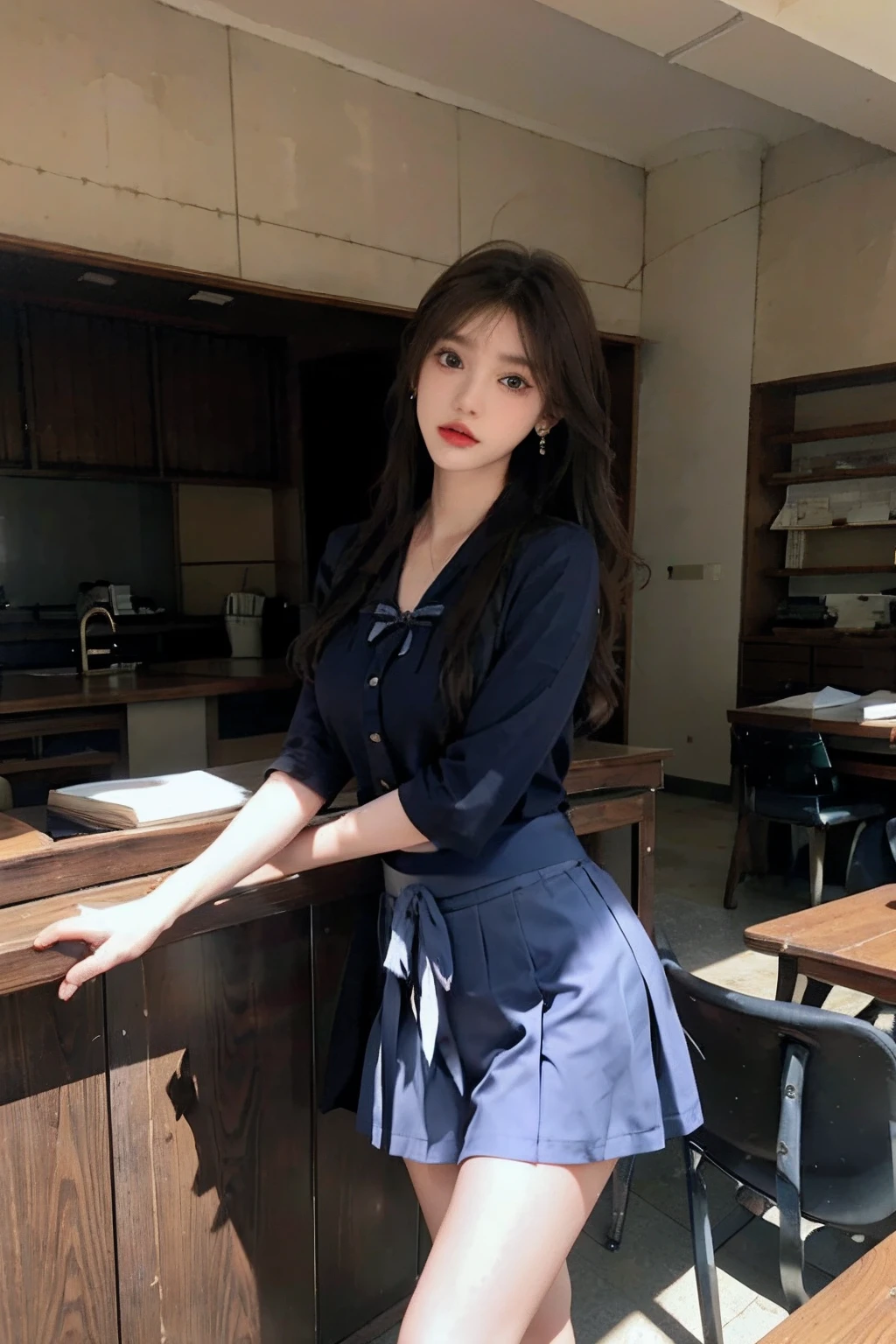 Best quality,masterpiece,ultra high res,(photorealistic:1.4),raw photo,1girl,Hairpin,earrings,jewelry,brown hair,Thigh,silk stockings,looking at viewer,lips,blue eyes,(white hair),posing,extremely beautiful face,put down hands,Random hairstyle,Random expression,big eyes,,(lshort-sleeved JK_sailor),JK_style,(dark blue JK_skirt),(bow JK_tie),(Inside the library:1.2)