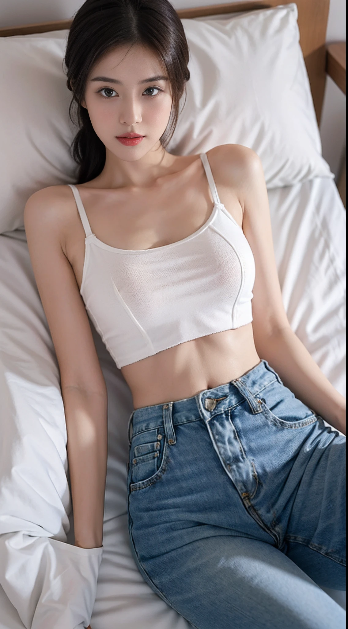 Girl posing for photo in white bra and tight denim skirt, full body, legs spread, with cropped t-shirt, bra, slim figure, smaller bust, slim girl model, 24 year old female model, lying in bed