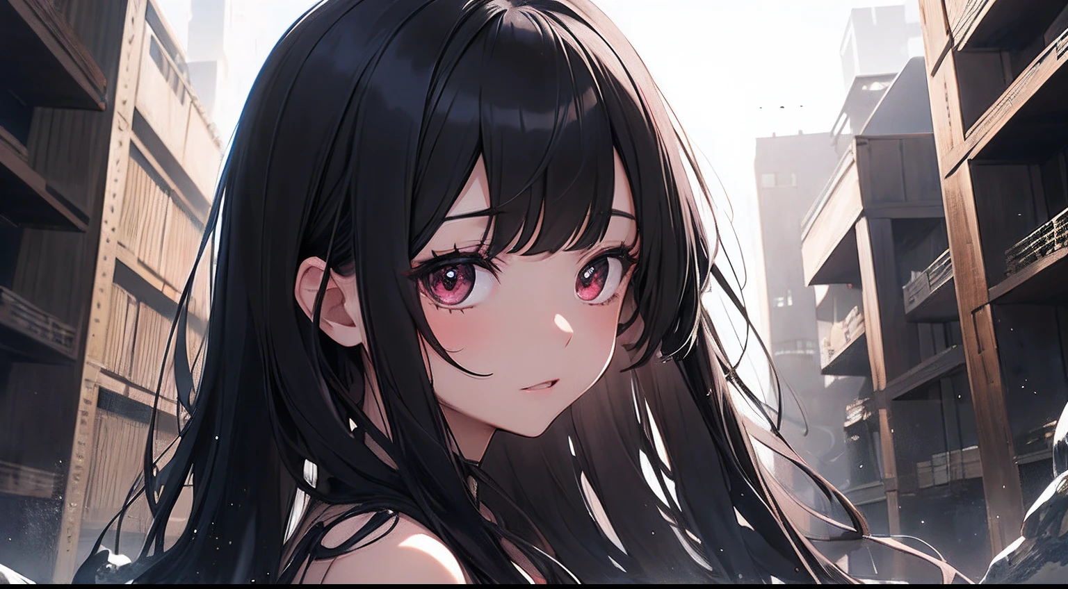 (masutepiece, beautiful detail, Best Quality), 1girl in, hide your eyes with long bangs,,, Front view, Arms Down, Black hair, Long hair, Black Dress, Decorative little eyes, abyss, dystopian