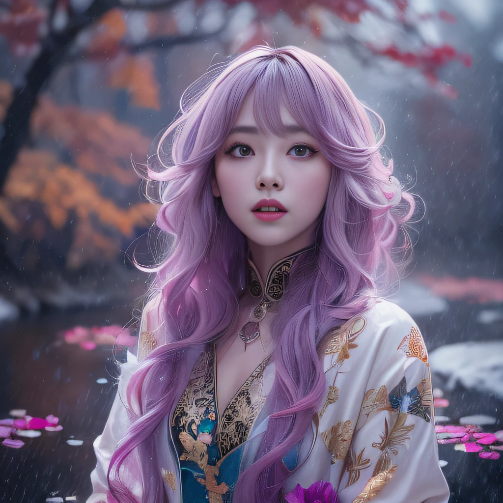 Snow Hoop Exclusion Zone 32K（tmasterpiece，k hd，hyper HD，32K）Long flowing purple-pink hair，Autumn Pond，zydink， a color， Tongzhou people （Girl with glowing eyes）， （Thin silk scarf）， Combat posture， looking at the ground， long whitr hair， Floating hair， Python headdress， Chinese long-sleeved clothing， （abstract ink splash：1.2）， white backgrounid，Lotus protector（realisticlying：1.4），Purple-pink hair，Smoke and rain，The background is pure， A high resolution， the detail， RAW photogr， Sharp Re， Nikon D850 Film Stock Photo by Jefferies Lee 4 Kodak Portra 400 Camera F1.6 shots, Rich colors, ultra-realistic vivid textures, Dramatic lighting, Unreal Engine Art Station Trend, cinestir 800，Long flowing purple-pink hair