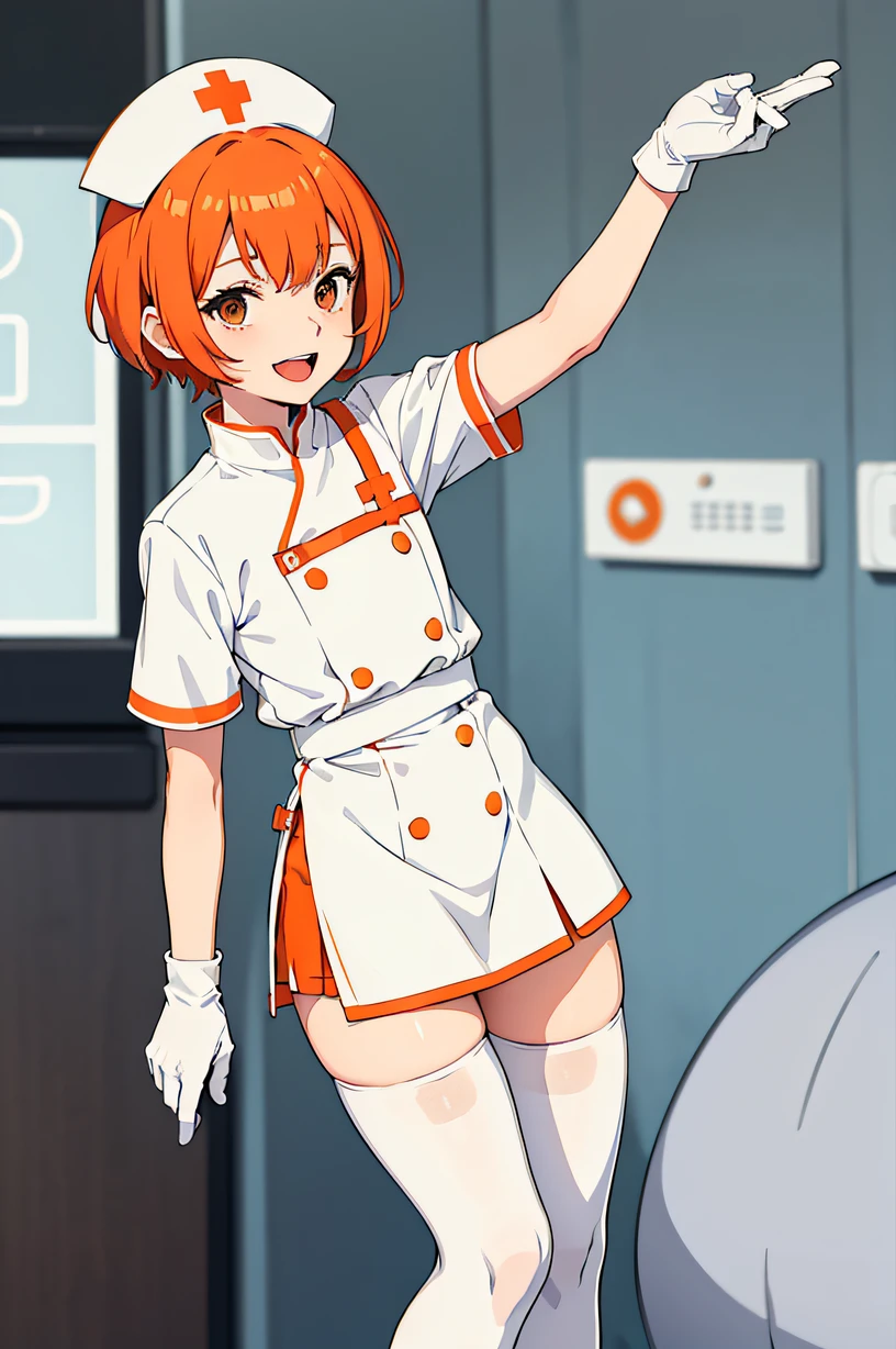 1 boy, Nurse, Nurse Cap, Whiteware, ((White legwear, zettai ryouiki)), White Gloves, Short short hair, Orange hair, Smile, Open mouth, Standing, hospitals, sharp outline, Short sleeves, Shota, ar old,st Quality, masutepiece