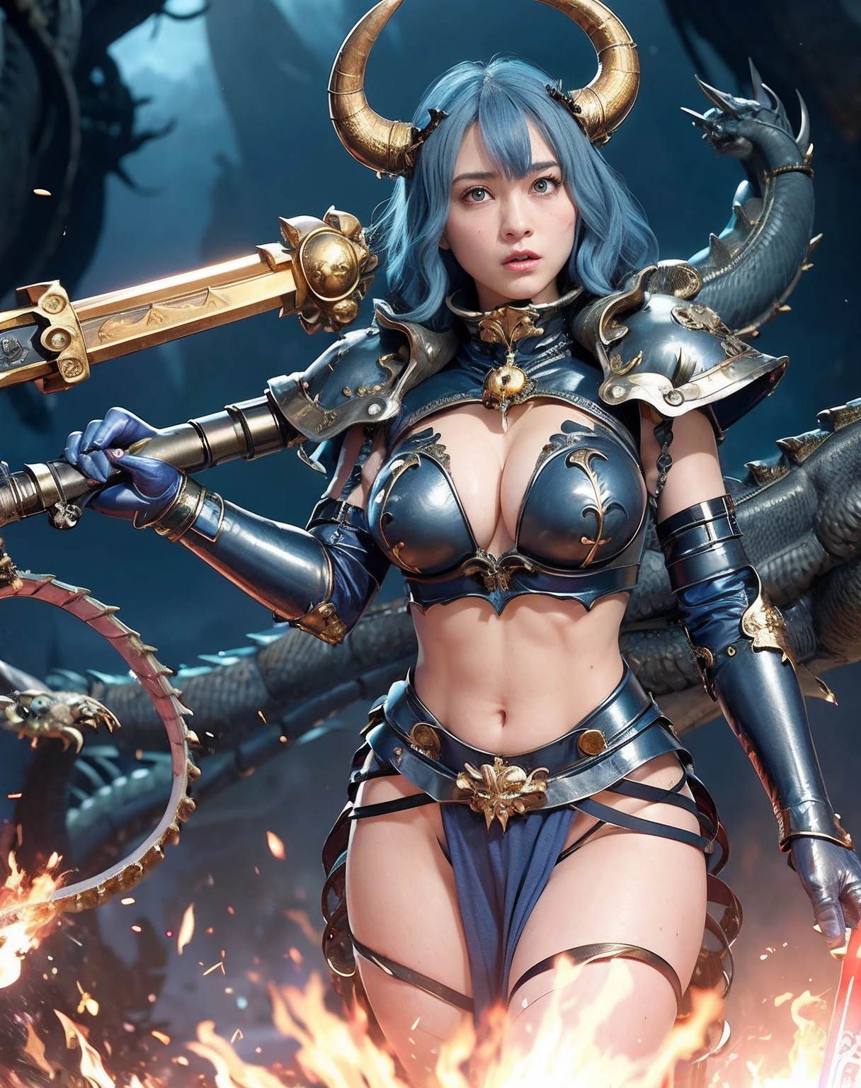 Professional , ​masterpiece、top-quality、photos realistic , depth of fields 、（Gemstone Blue Metal Body:1.９),(Matte Blue、Wind-effect、（cleavage of the breast）、Dragon Gold Weapon（Dragon Metal Body:1.４),Gorgeous gold weapons ,（Intimidating look）、Mystical expression、（（ Dragon's dense and gorgeous sword）） , Ultimate Beauty   、（（Blue hair））、（Castle background）、The dragon、（（Gangle's forest background））、Beautiful Caucasian beauty、（１a person）、dynamic ungle,(((Details of the two demon horns on the head)))、Smaller head、A smile、Castle background、Thin and beautiful female hands、cleavage of the breast、Soldier in iron armor on background、Mystical expression、Light Effects、Wind-effect、magic circles、With the legendary magic wand、（demonic wings）、（Blue hair）、（1 persons）、Battle Look、Anatomically correct body、Toostock、Toostock、