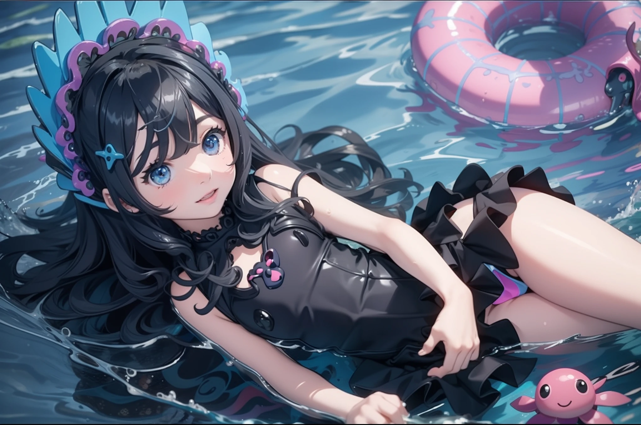 1girl, child, Black dress with blue pink mini skirt, pink octopus, Happy, Swim under the sea, beautiful eyes, masterpiece, best quality