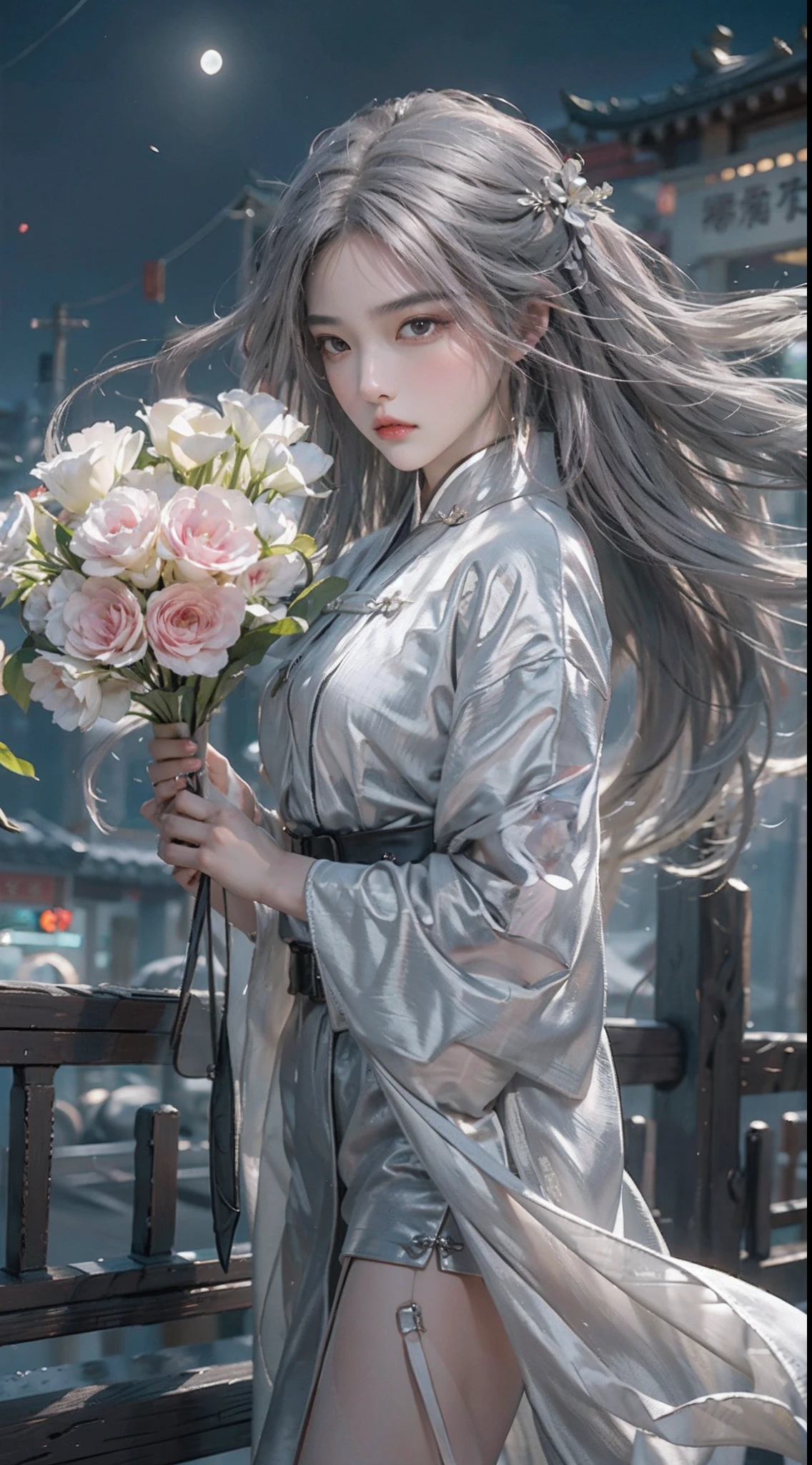 Masterpiece, Best Quality, Night, Full Moon, 1 Girl, Mature Woman, Chinese Style, Ancient China, Sister, Royal Sister, Cold expression, expressionless face, Silver white long haired woman, Light pink lips, Calm, Intellectual, Three belts, Gray pupils, Assassin, Short knife, Flower ball background, Strolling in the street scenery