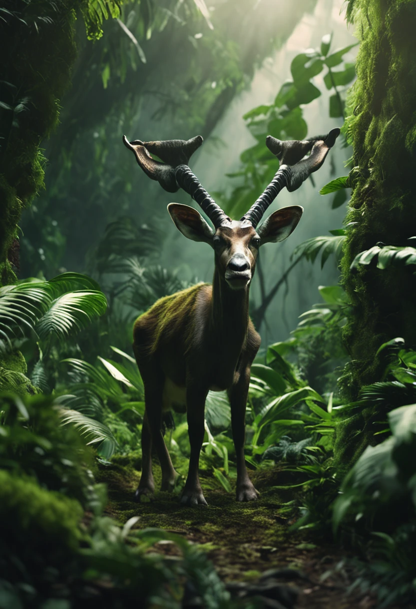 High nation-geographic symmetrical close-up portrait shoot in green jungle of an expressive Saola, anamorphic lens, ultra-realistic, hyper-detailed, green-core, jungle-core –ar 16:9 –q 2 –v 5