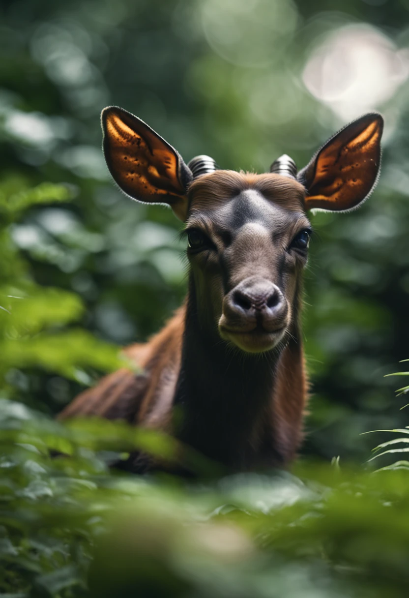 High nation-geographic symmetrical close-up portrait shoot in green jungle of an expressive Saola, anamorphic lens, ultra-realistic, hyper-detailed, green-core, jungle-core –ar 16:9 –q 2 –v 5