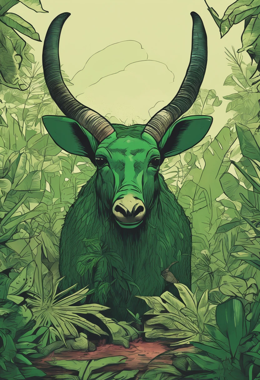 High nation-geographic symmetrical close-up portrait shoot in green jungle of an expressive Saola, anamorphic lens, ultra-realistic, hyper-detailed, green-core, jungle-core –ar 16:9 –q 2 –v 5