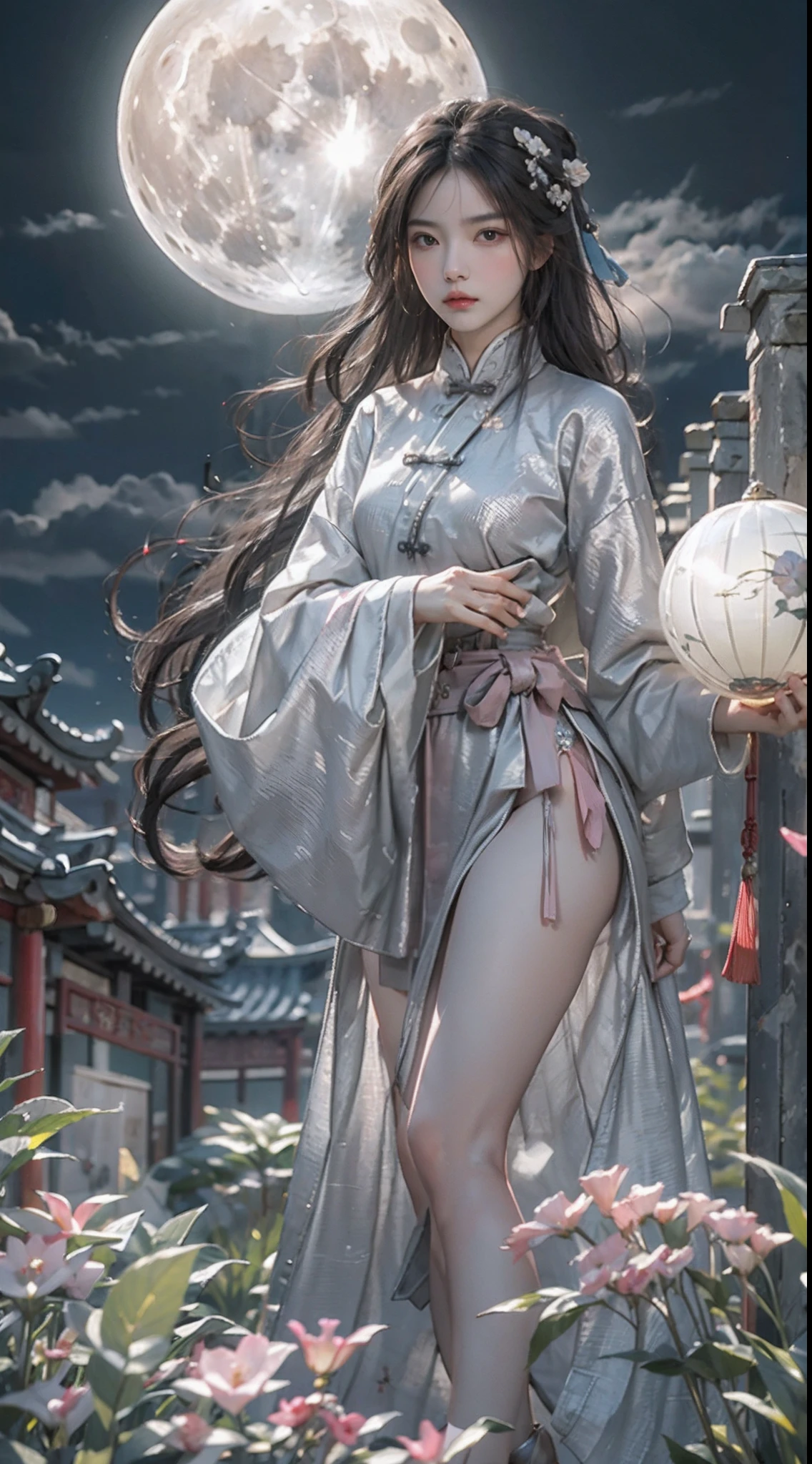 Masterpiece, Best Quality, Night, Full Moon, 1 Girl, Mature Woman, Chinese Style, Ancient China, Sister, Royal Sister, Cold expression, expressionless face, Silver white long haired woman, Light pink lips, Calm, Intellectual, Three belts, Gray pupils, Assassin, Short knife, Flower ball background, Strolling in the street scenery