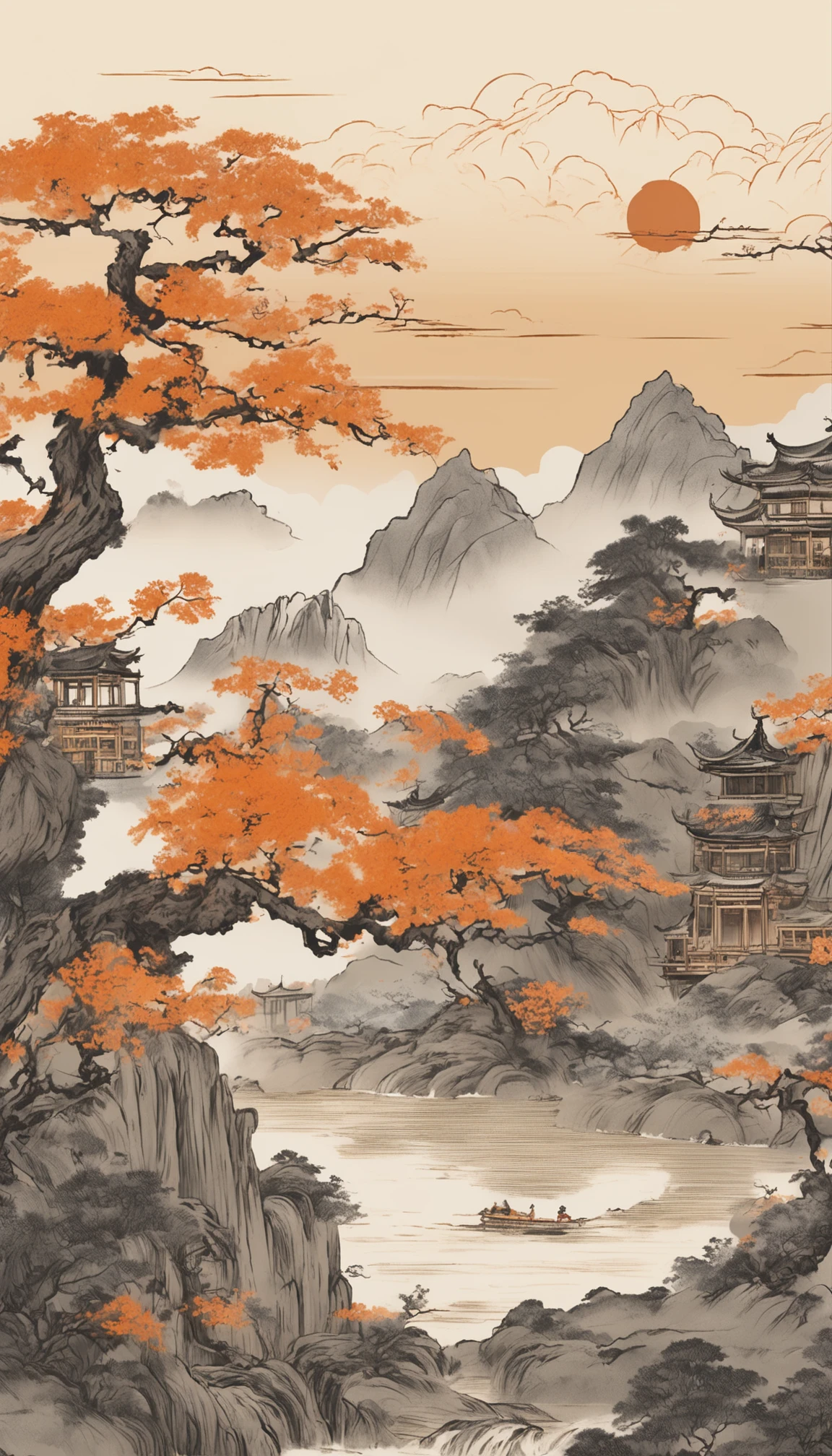 Chinese murals with rural scenery, Light orange and light gray style, Layered landscape, Japanese style art, monumental murals, Ricoh FF-9D, Golden Age aesthetics, Exotic landscape