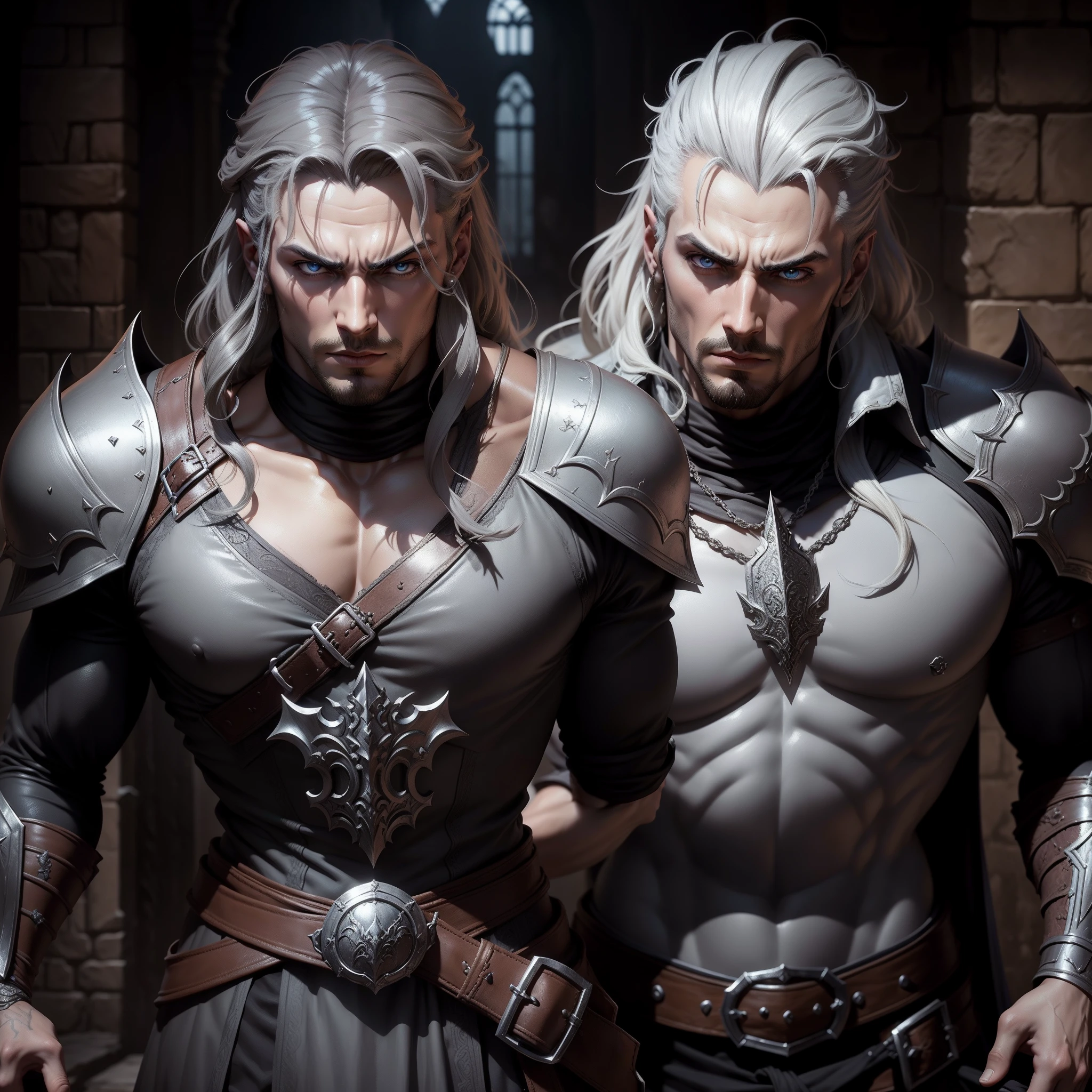 Style argile grise,(Masterpiece, Best quality), niveaux de gris,zbrush, Castlevania Lord of the shadows muscular full moroccan Armor leather Armor , yeux blancs