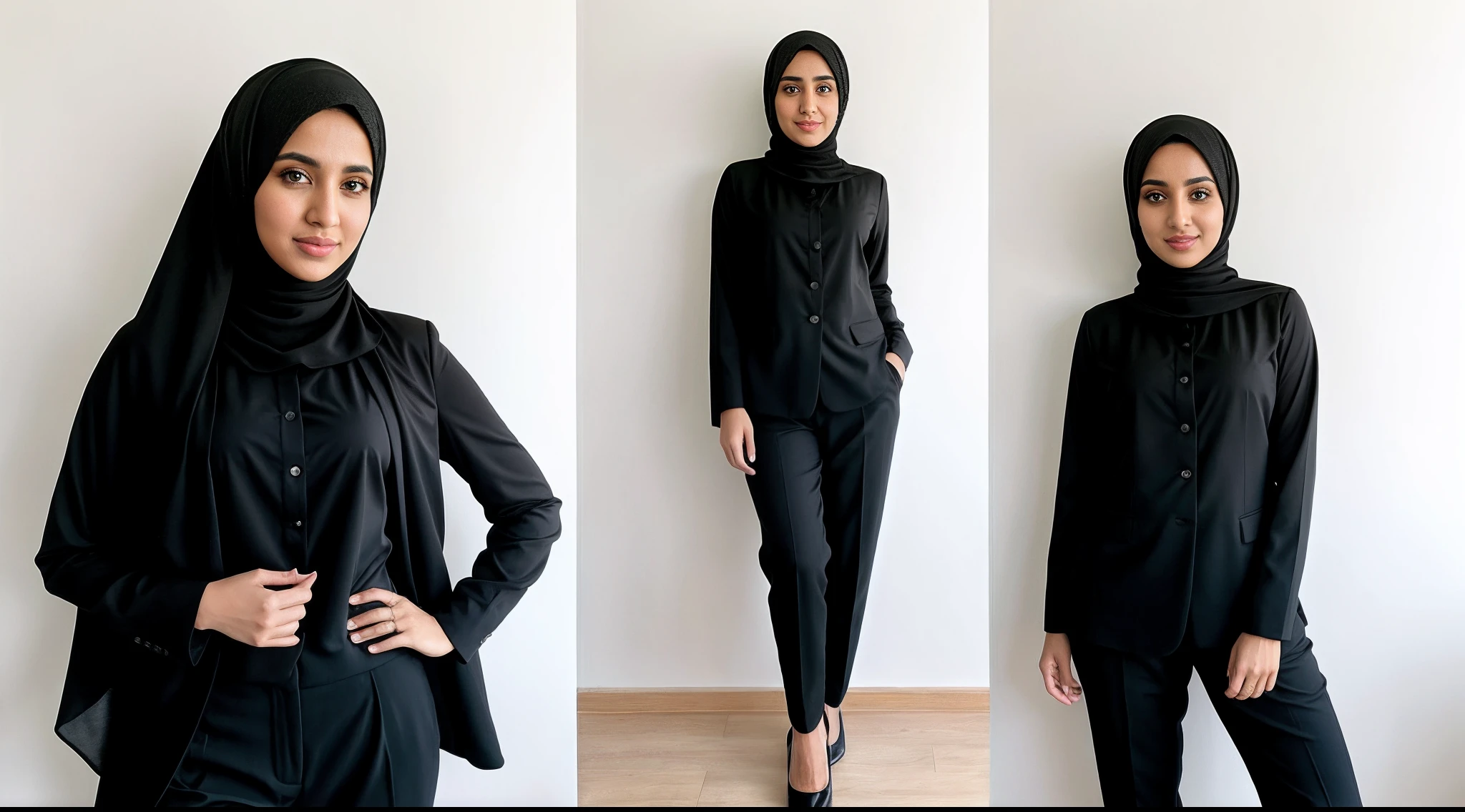 instagram photo, hijab Arabian woman in a black suit, black shirt and black pants posing suit for a picture on the white background