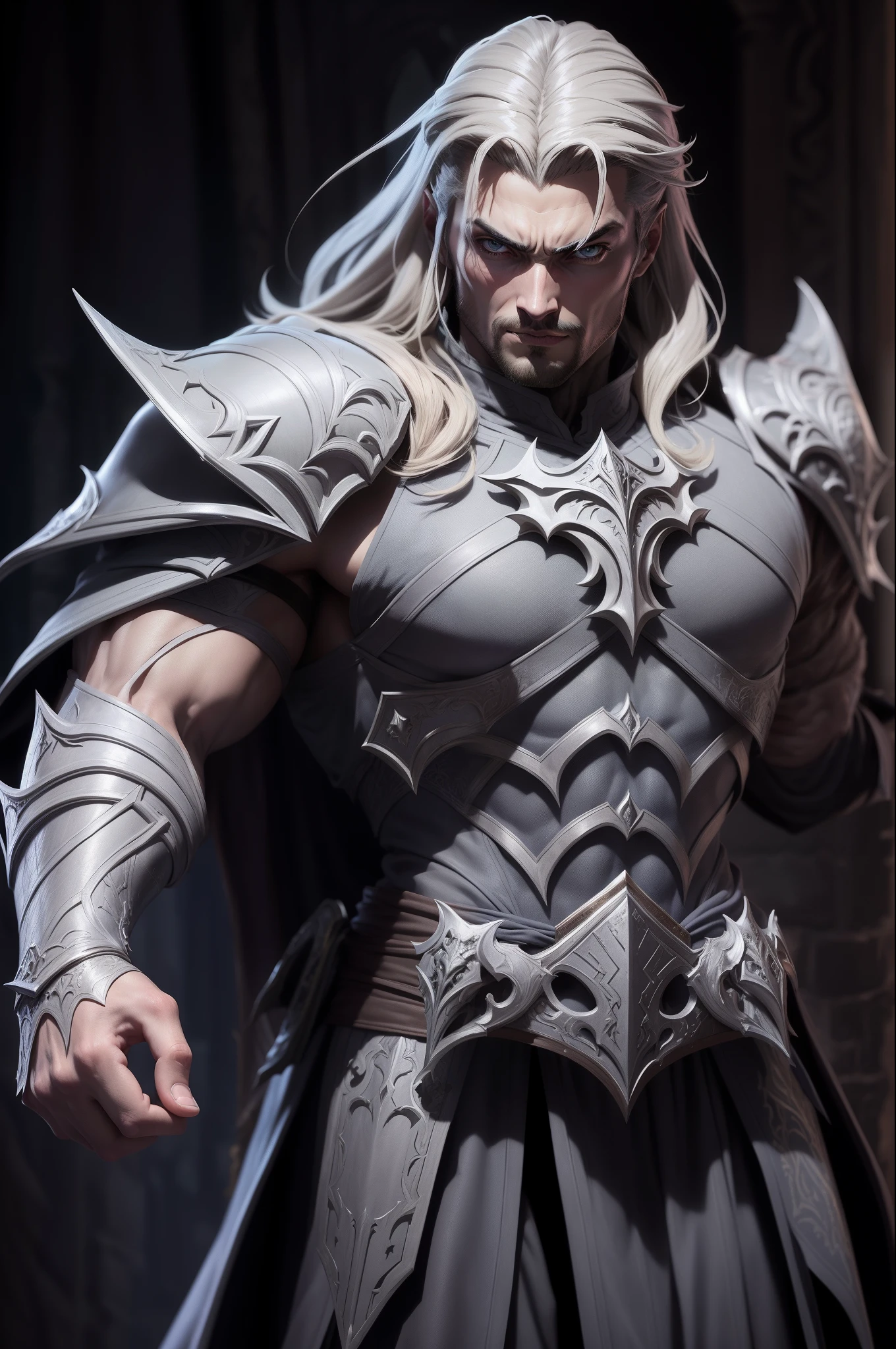 Style argile grise,(Masterpiece, Best quality), niveaux de gris,zbxr, Castlevania Lord of the shadows muscular full moroccan Armor leather Armor , yeux blancs,