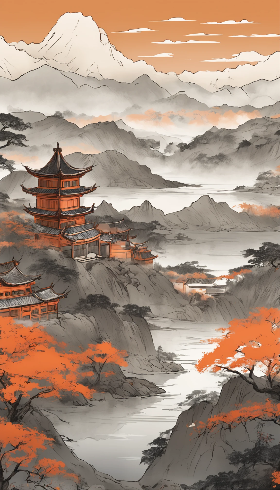 Chinese murals with rural scenery, Light orange and light gray style, Layered landscape, Japanese style art, monumental murals, Ricoh FF-9D, Golden Age aesthetics, Exotic landscape