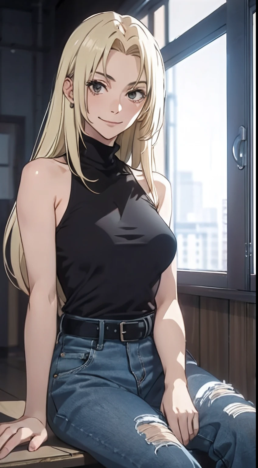 YukiTsukumo, 1girl, solo, long hair, smile, blonde hair, shirt, bare shoulders, sitting, sleeveless, belt, pants, indoors, black shirt, mole under eye, window, turtleneck, denim, backlighting, sleeveless turtleneck,