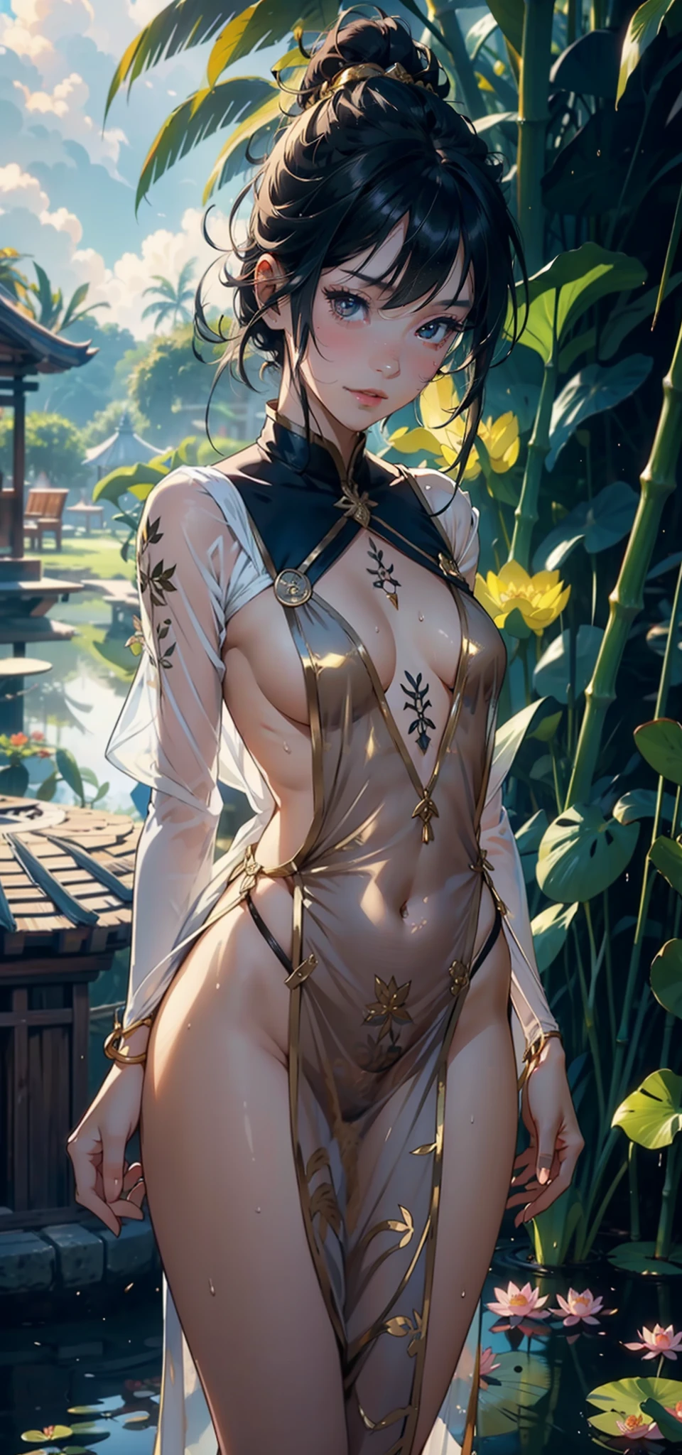 1female，age 5，Small ，Small chest exposed， 独奏，（Background with：bamboo forrest，lotuses，lotus flower，exteriors，Lotus pond） She has short black hair，standing on your feet，Sweat profusely，drenched all over the body，seen from the front， hair straight， mostly cloudy sky，（（（tmasterpiece），（Very detailed CG unity 8K wallpaper），best qualtiy，cinmatic lighting，detailed back ground，beatiful detailed eyes，Bright pupils，Black eyes，（Very fine and beautiful），（Beautiful and detailed eye description），ultra - detailed，tmasterpiece，）），facing at camera，A high resolution，ultra - detailed），revealing breasts，Bare genitalia，  Bulge，legs are open，Raised sexy，Camel toes，Flushed complexion，Open-mouthed，frontage，Gold Saint Seiya，（Wearing：Transparent apron，Gold wire embroidery）
