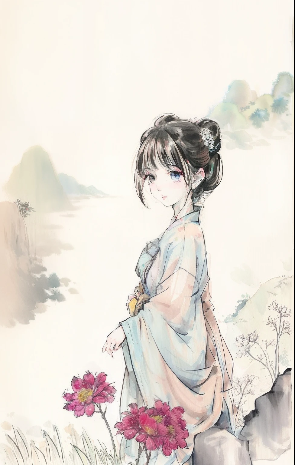negative space, shuimobysim, girl, woman,bare shoulders, (ecchi0.5), lips, water splash, (trees:0.5), (flowers:0.6) ,(birds:0.2), (bamboo0.1), lakes, Hangzhou, bonian, bonian in background ,shukezouma,