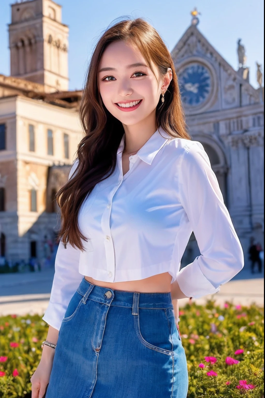 1girl, cute, 26 years old, smiling, look at viewer,(Piazza dei Miracoli background,crowd),navel, seifuku, photo, realistic, best quality, hires, detailed face, classroom, detailed background, diffused lighting, depth of field, bokeh
