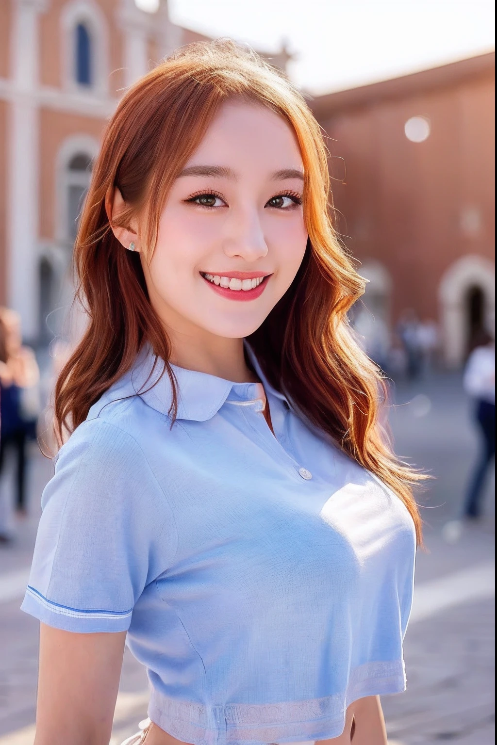 1girl, cute, 26 years old, smiling, look at viewer,(Piazza dei Miracoli background,crowd),navel, seifuku, photo, realistic, best quality, hires, detailed face, classroom, detailed background, diffused lighting, depth of field, bokeh