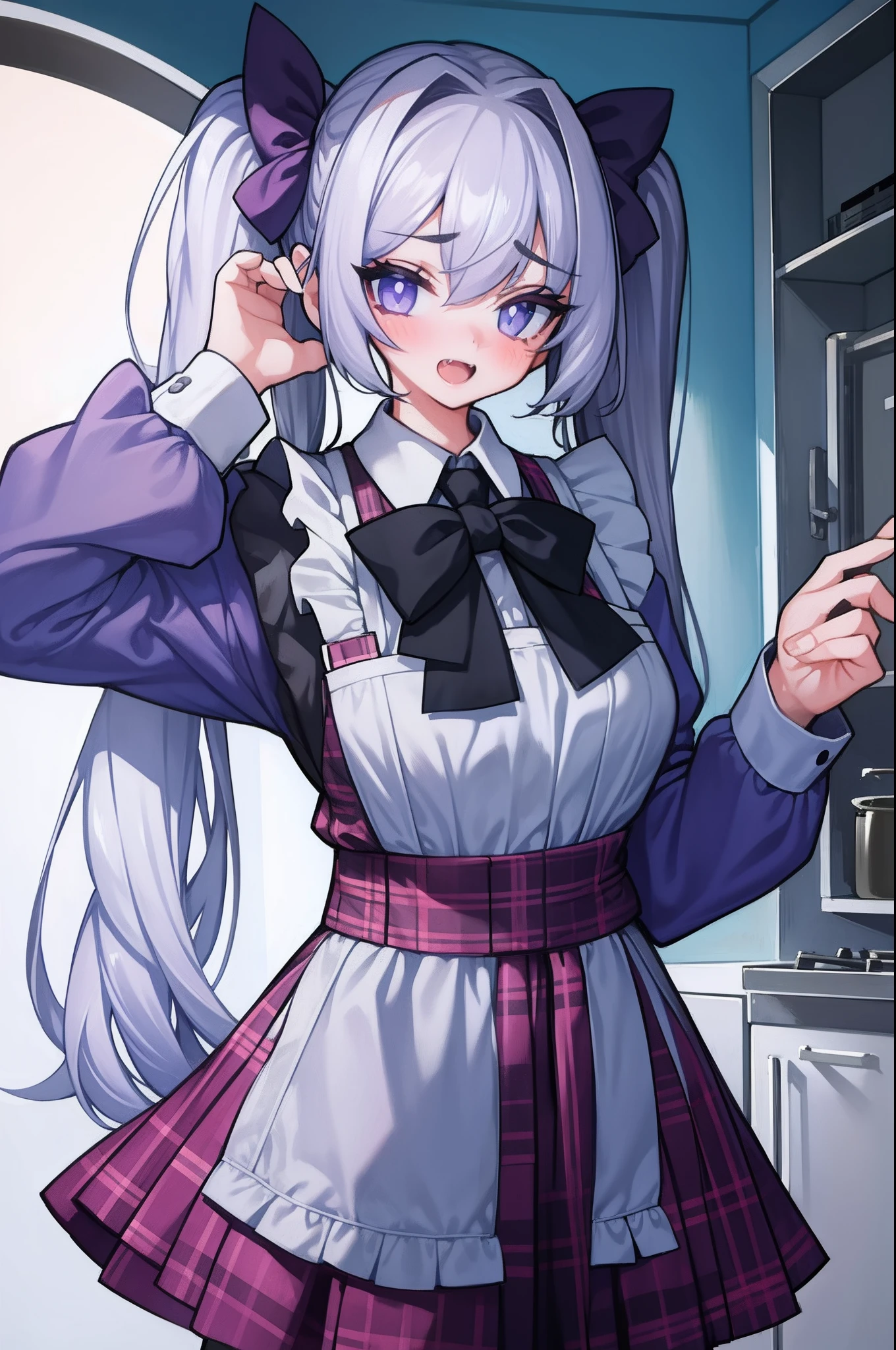 1girl, purple eyes, pantyhose, blush, long hair, twintails, plaid skirt, bow, solo focus, silver hair, bangs, hair between eyes, blue bow, open mouth, smile, indoors, fang, kitchen hood,very long hair, plaid bow, breasts, sleeves past wrists, silver hair, housewife, apron, waist apron, fangs, maid, short pleated skirt, blue eyes