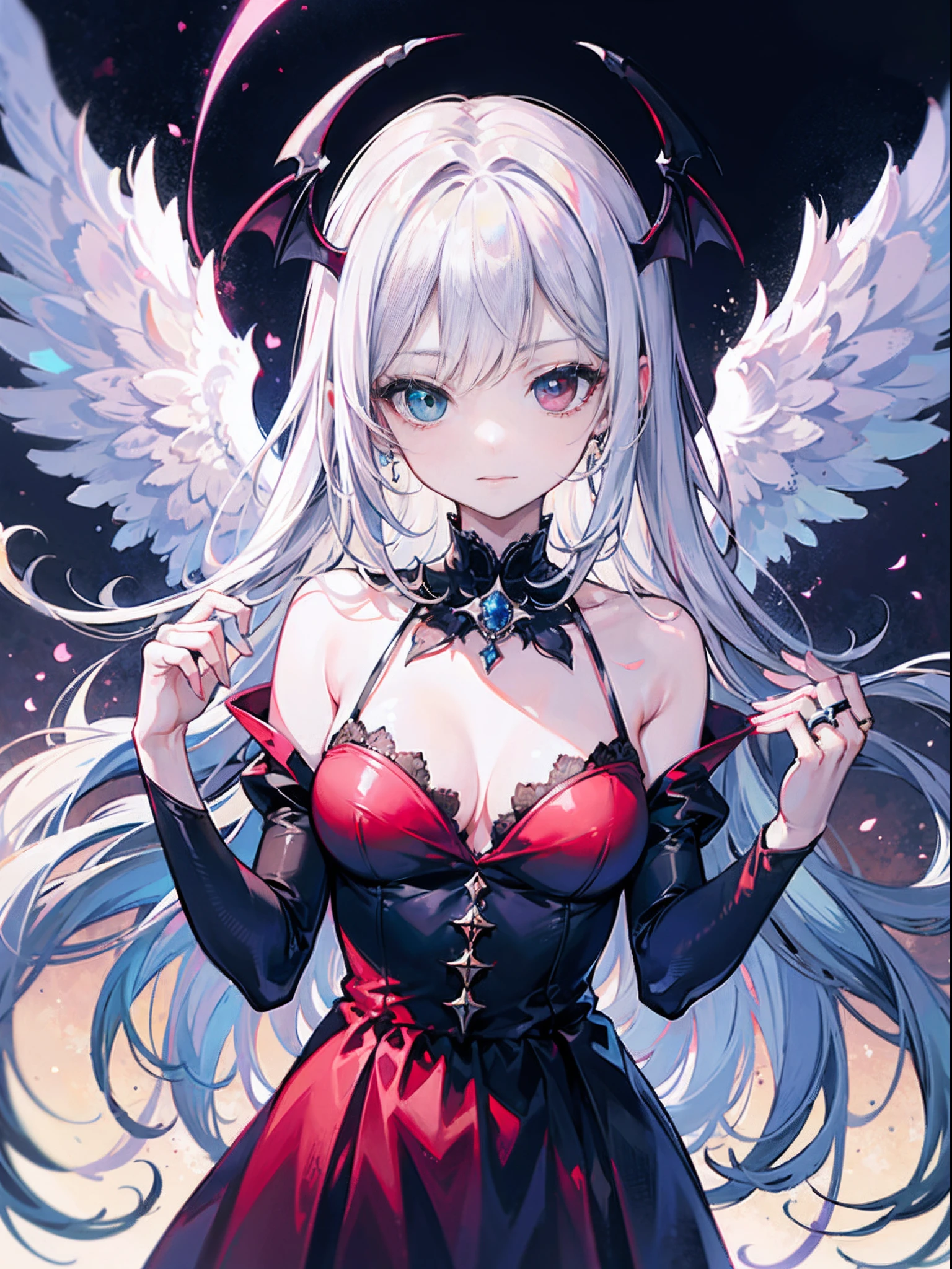 A vampire angel that looks sacred,Her eyes are heterochromia, Beautiful body like a vampire all over the body.,Angel metal ring on head,On the head are vampire wings, Eta、Vampires have white holy angel wings。