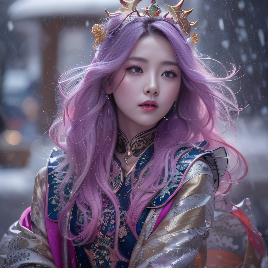 Snow Hoop Exclusion Zone 32K（tmasterpiece，k hd，hyper HD，32K）Long flowing purple-pink hair，Autumn Pond，zydink， a color， Tongzhou people （Girl with glowing eyes）， （Thin silk scarf）， Combat posture， looking at the ground， long whitr hair， Floating hair， Python headdress， Chinese long-sleeved clothing， （abstract ink splash：1.2）， white backgrounid，Lotus protector（realisticlying：1.4），Purple-pink hair，Smoke and rain，The background is pure， A high resolution， the detail， RAW photogr， Sharp Re， Nikon D850 Film Stock Photo by Jefferies Lee 4 Kodak Portra 400 Camera F1.6 shots, Rich colors, ultra-realistic vivid textures, Dramatic lighting, Unreal Engine Art Station Trend, cinestir 800，Long flowing purple-pink hair