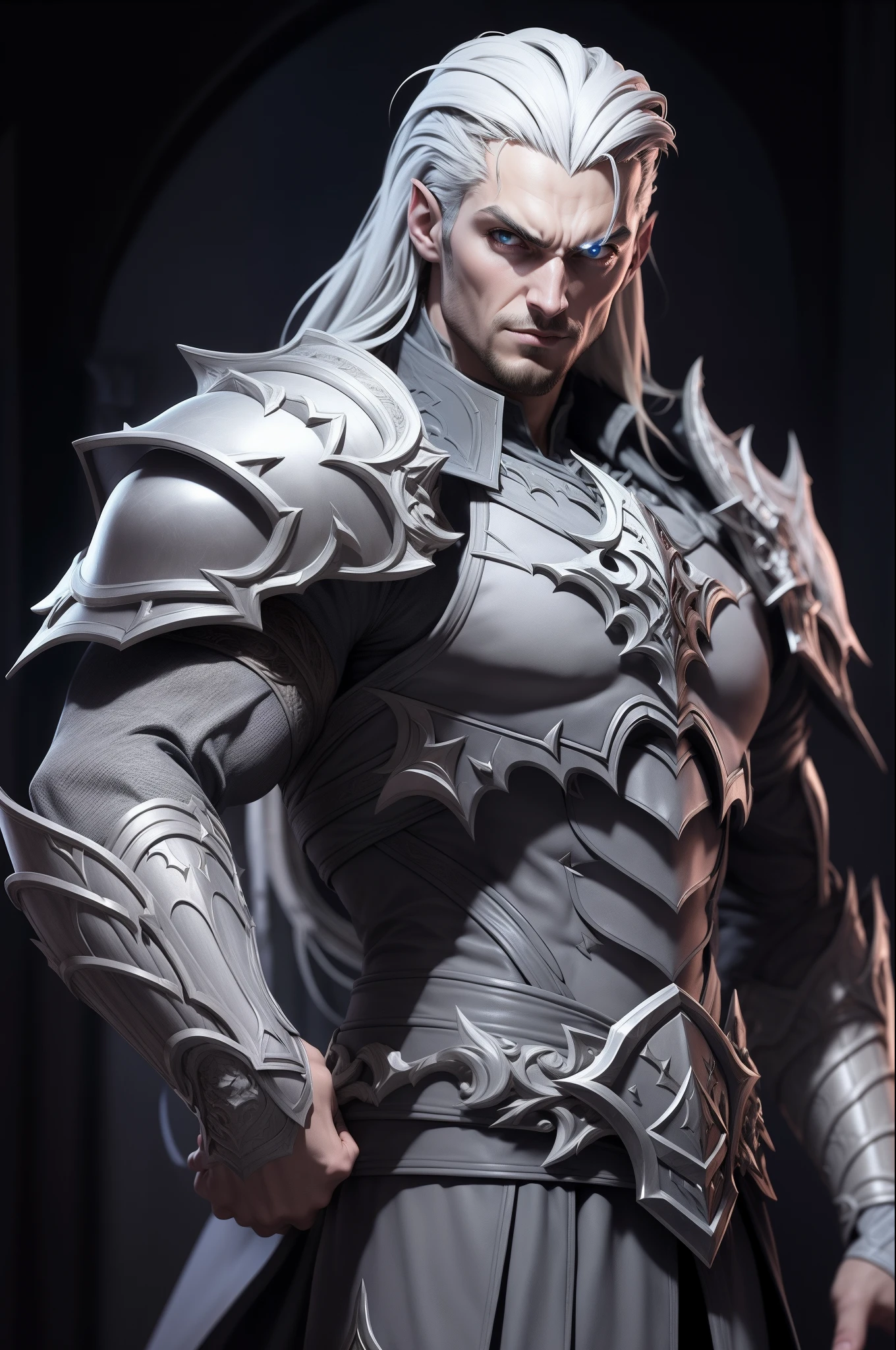 Style argile grise,(Masterpiece, Best quality), niveaux de gris,zbxr, Castlevania Lord of Shadows muscular Moroccan leather armor Armor , Yeux blancs,