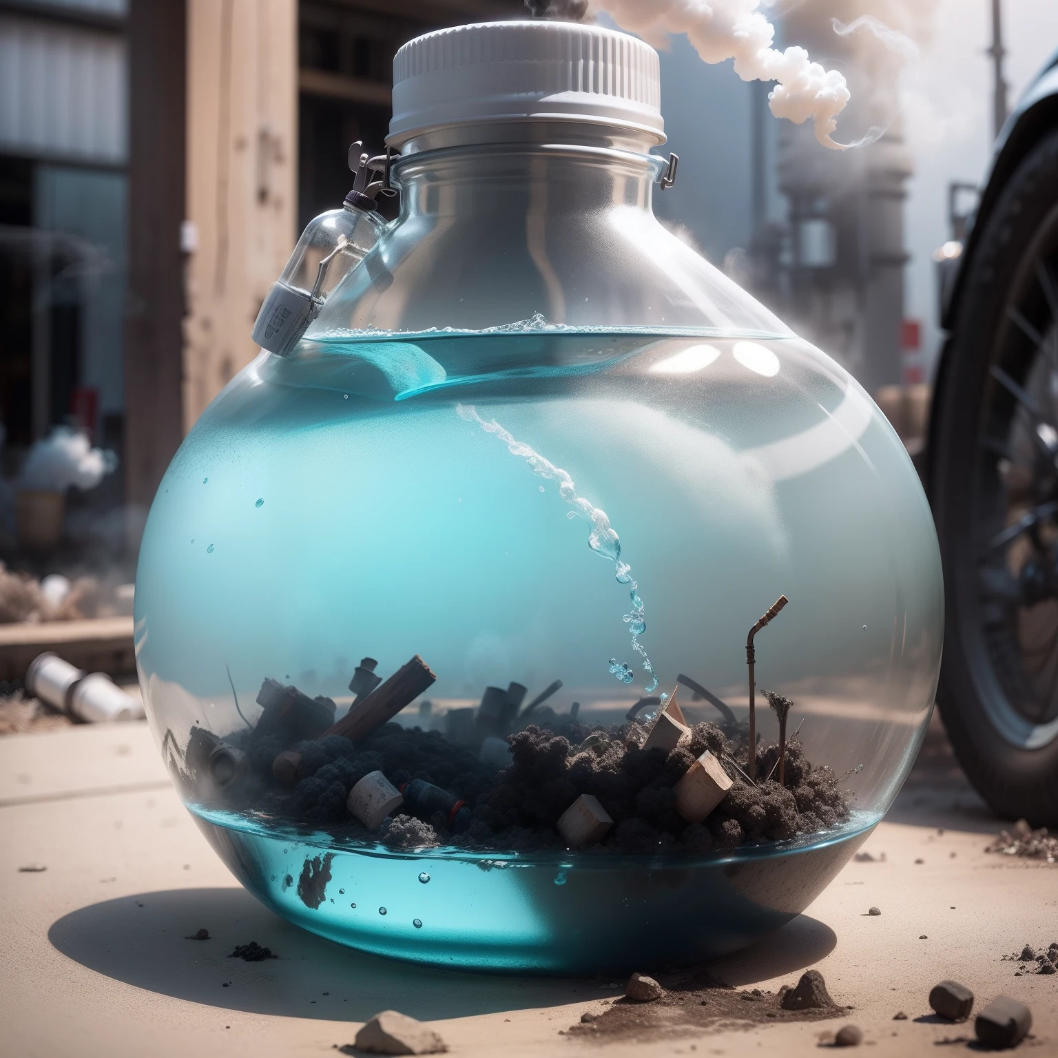 Pollution Purified water, mineral water bottles, thick smoke