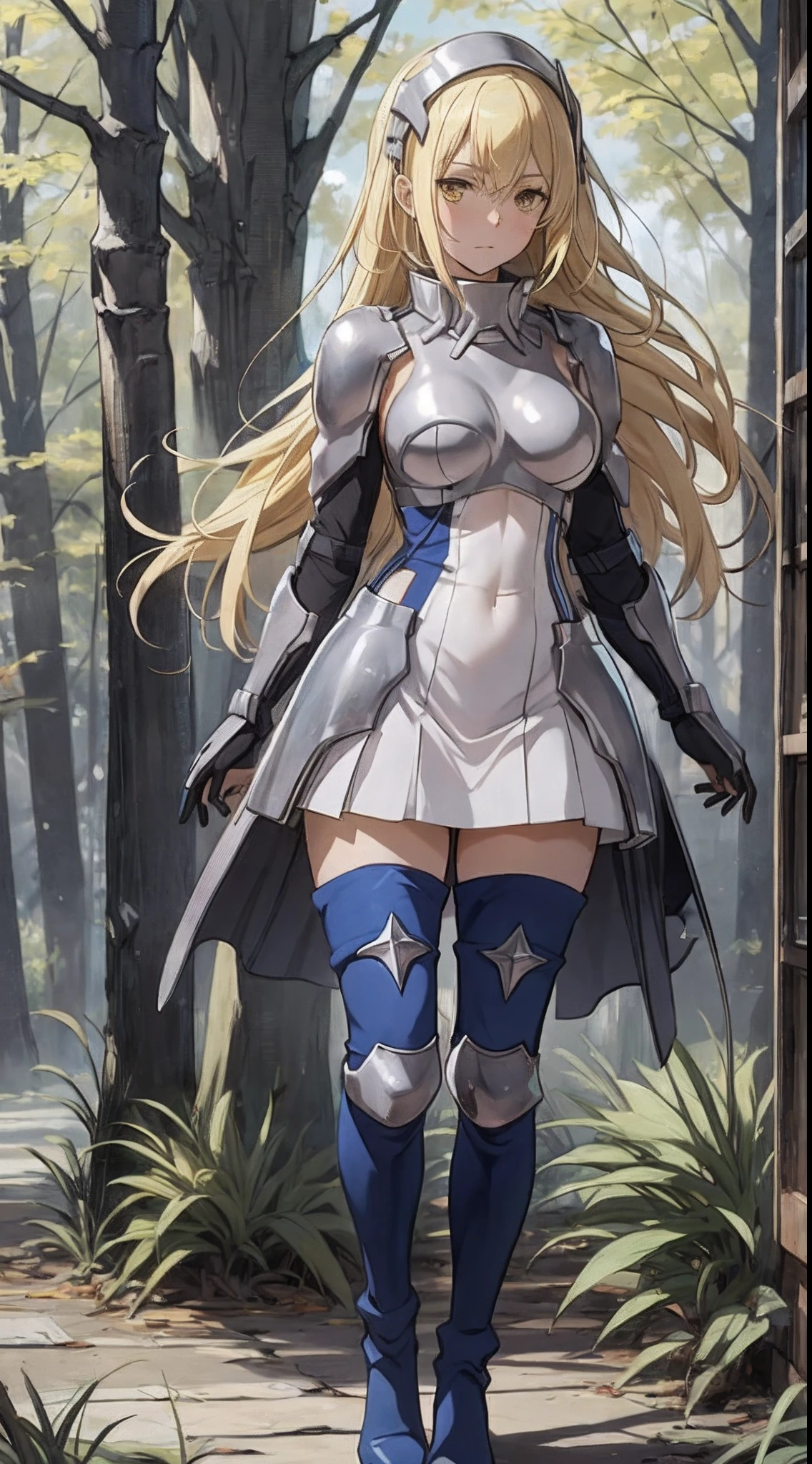 ais, 1girl, solo, blonde hair, armor, long hair, straight hair, thighhighs, boots, dress, yellow eyes, thigh boots, blue long boots, blue footwear, covered navel, breastplate, shoulder armor, gloves, white dress outdoor, sunny, standing