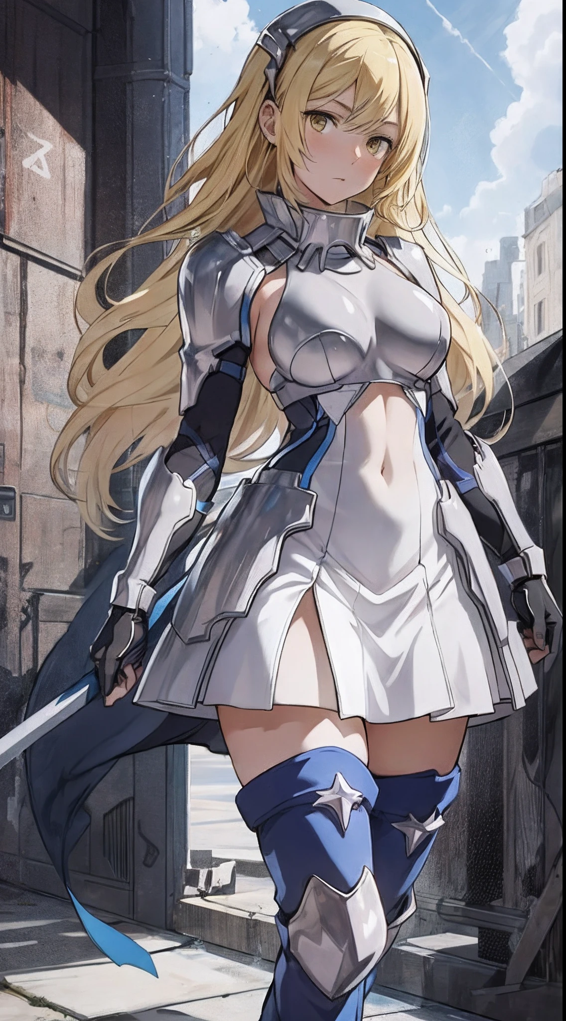 ais, 1girl, solo, blonde hair, armor, long hair, straight hair, thighhighs, boots, dress, yellow eyes, thigh boots, blue long boots, blue footwear, covered navel, breastplate, shoulder armor, gloves, white dress outdoor, sunny, standing