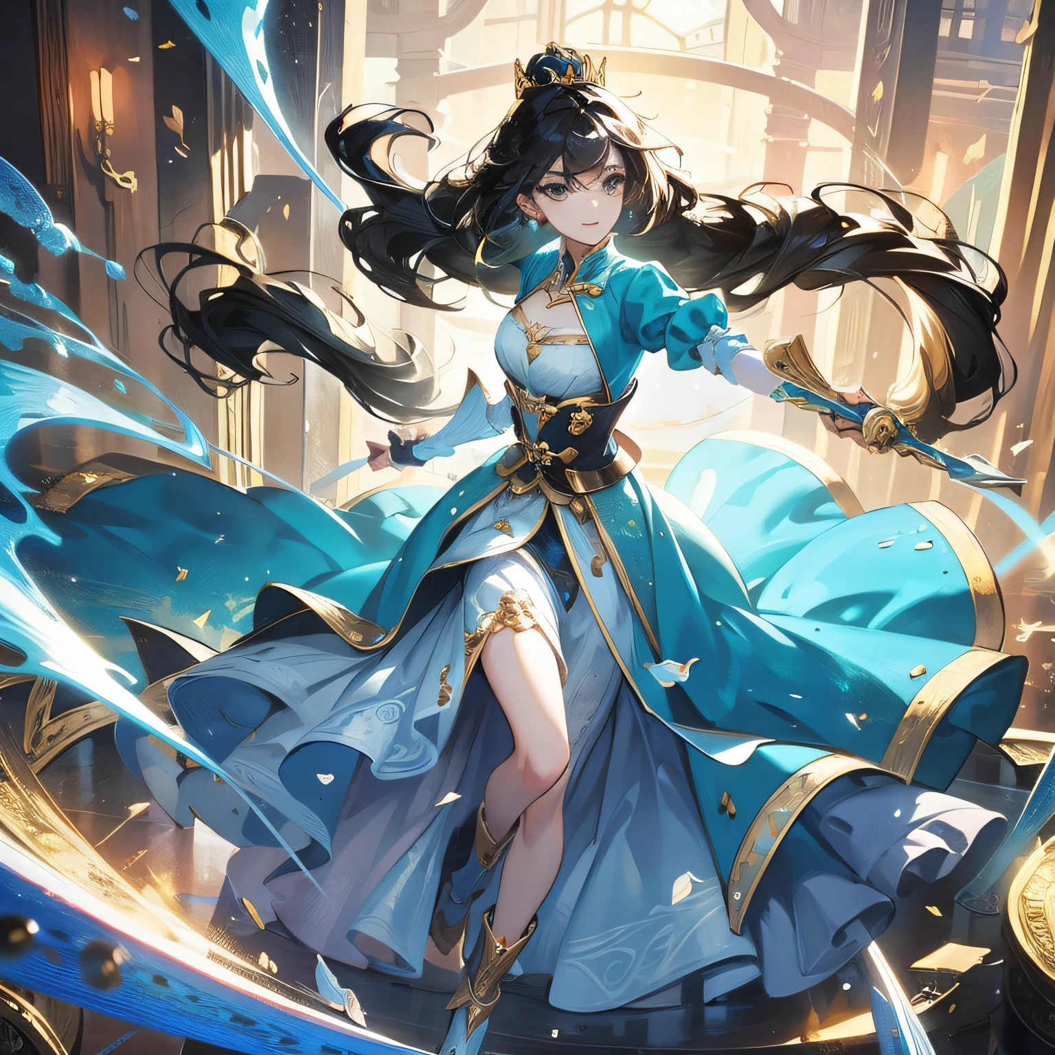 1 princess with blue and black hair, lovely, timid, cute personality