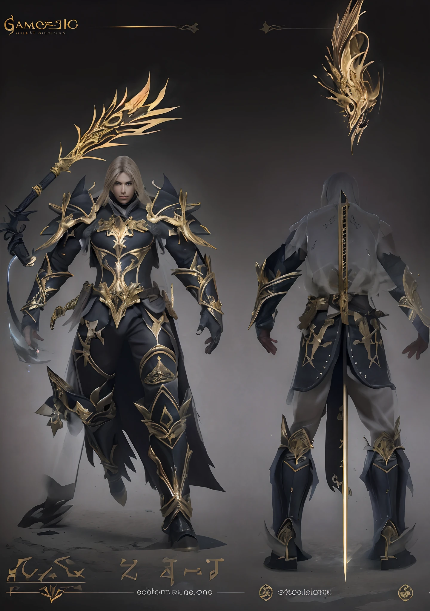 Design a layout showcase Gameing Character, a Warrior. Golden+Black armor, stylish and unique. Detailed huge sword. (masterpiece:1.2), (best quality), 4k, ultra-detailed, (dynamic composition: 1.4), Step by step design, layout art,(luminous lighting, atmospheric lighting), gloomy, magical, (((glove full hands))),