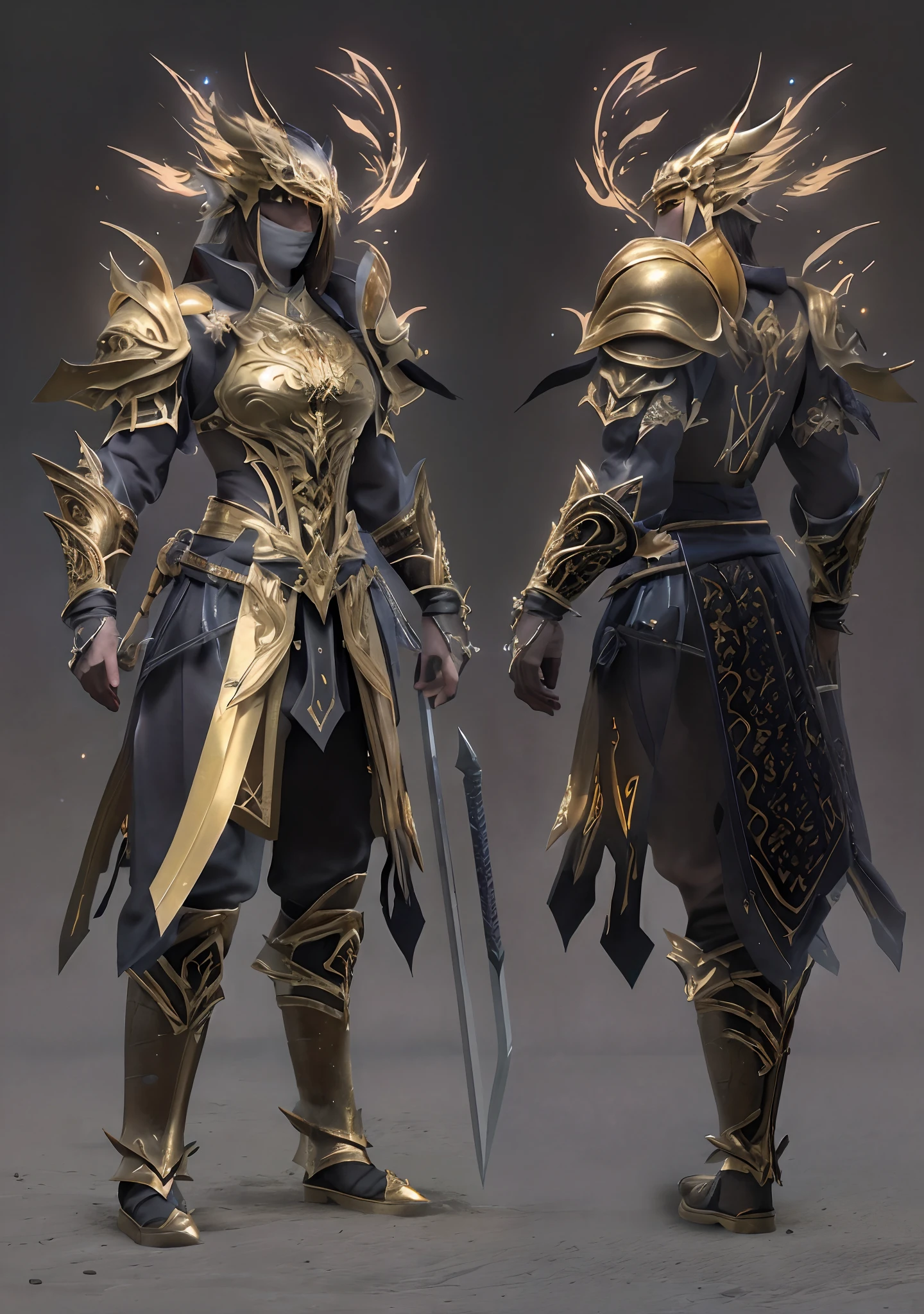 Design a layout showcase Gameing Character, a Warrior. Golden+Black armor, stylish and unique. Detailed huge sword. (masterpiece:1.2), (best quality), 4k, ultra-detailed, (dynamic composition: 1.4), Step by step design, layout art,(luminous lighting, atmospheric lighting), gloomy, magical, (((glove full hands))),