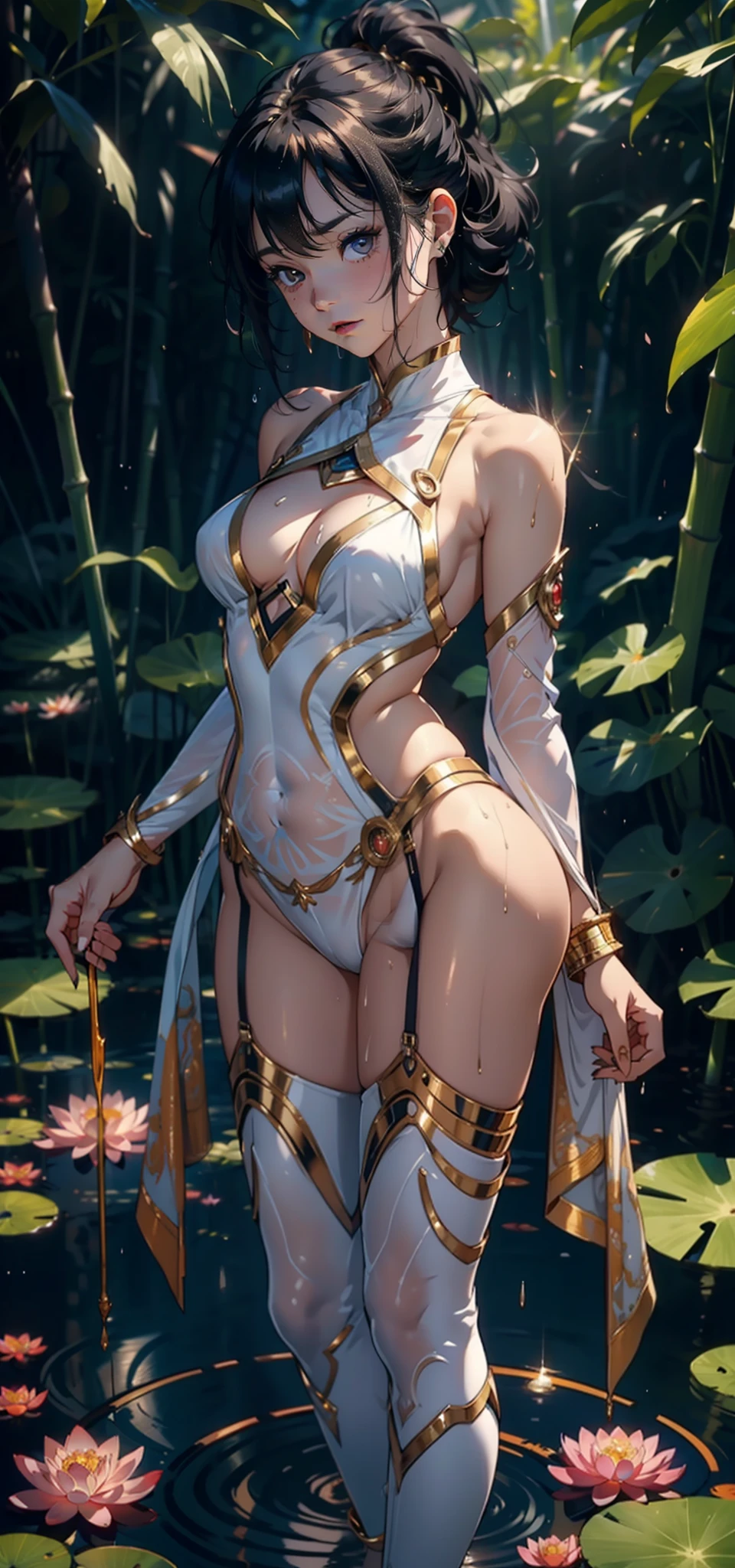 1female,age 5,Small ,Small chest exposure, 独奏,(Background with:bamboo forrest,lotuses,lotus flower,exteriors,Lotus pond) She has short black hair,standing on your feet,Sweat profusely,drenched all over the body,seen from the front, hair straight, mostly cloudy sky,(((tmasterpiece),(Very detailed CG unity 8K wallpaper),best qualtiy,cinmatic lighting,detailed back ground,beatiful detailed eyes,Bright pupils,Black eyes,(Very fine and beautiful),(Beautiful and detailed eye description),ultra - detailed,tmasterpiece,)),facing at camera,A high resolution,ultra - detailed),revealing breasts,Bare genitalia, Bulge,legs are open,Raised sexy,Camel toes,Flushed complexion,Open-mouthed,frontage,Gold Saint Seiya,(Wearing:Transparent apron,Gold wire embroidery,Iron Man uniform,cyber punk style)