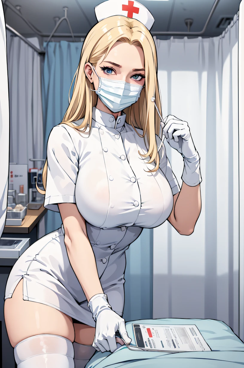 1womanl, Nurse, Nurse Cap, Whiteware, ((White legwear, zettai ryouiki)), White Gloves, Blonde hair, Blue eyes, ((White surgical mask, Cover the nose)), Standing, sharp outline, Short sleeves, a matural female, 35 year old, Best Quality, masutepiece, infirmary