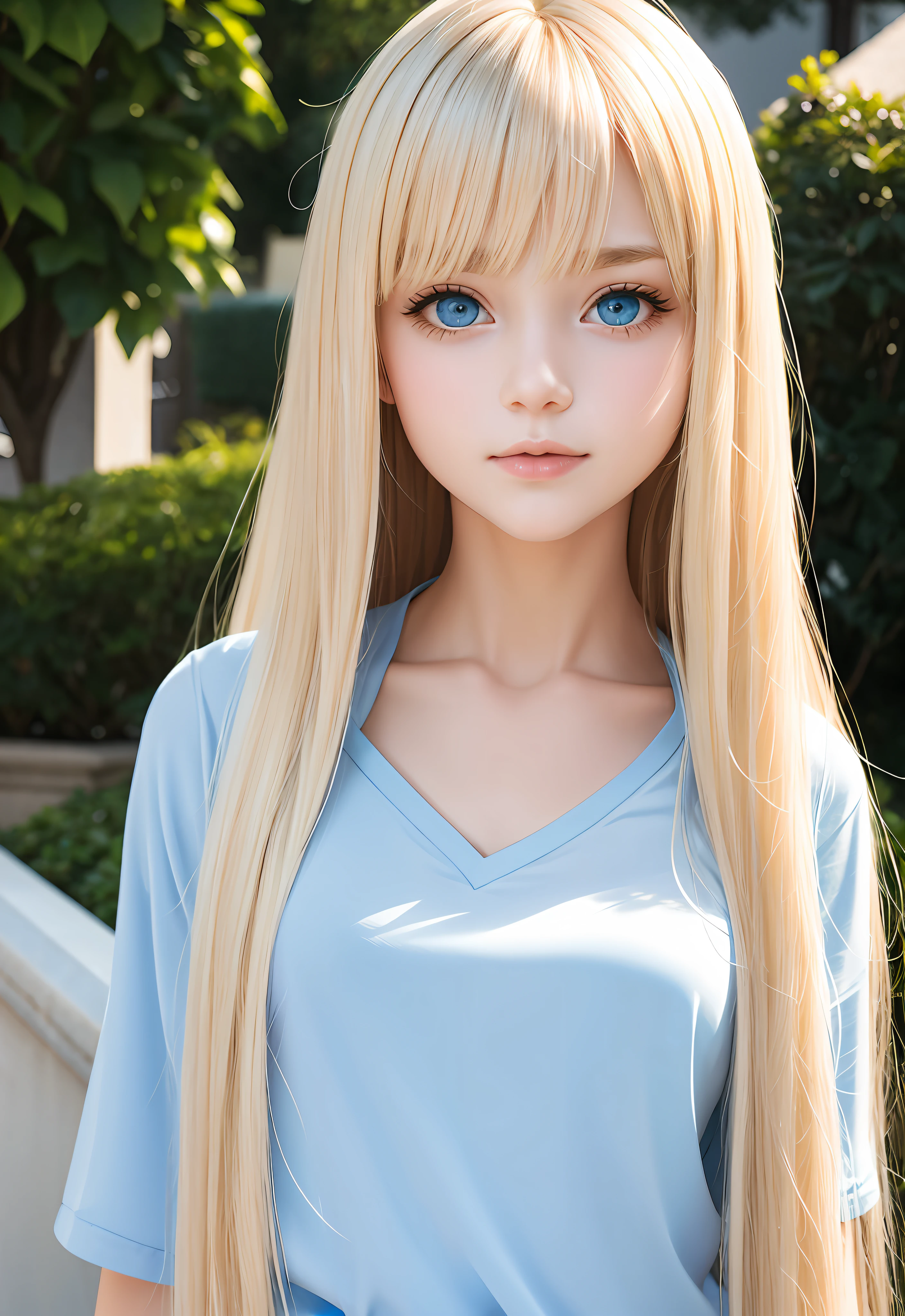 Unparalleled beauty, shiny shiny firm and shiny skin, bangs between eyes, shiny straight beautiful platinum blonde, super long straight silky hair, eyeliner, sexy beautiful innocent , high definition big big light blue eyes, beautiful and lovely girl, baby face, sve shirt