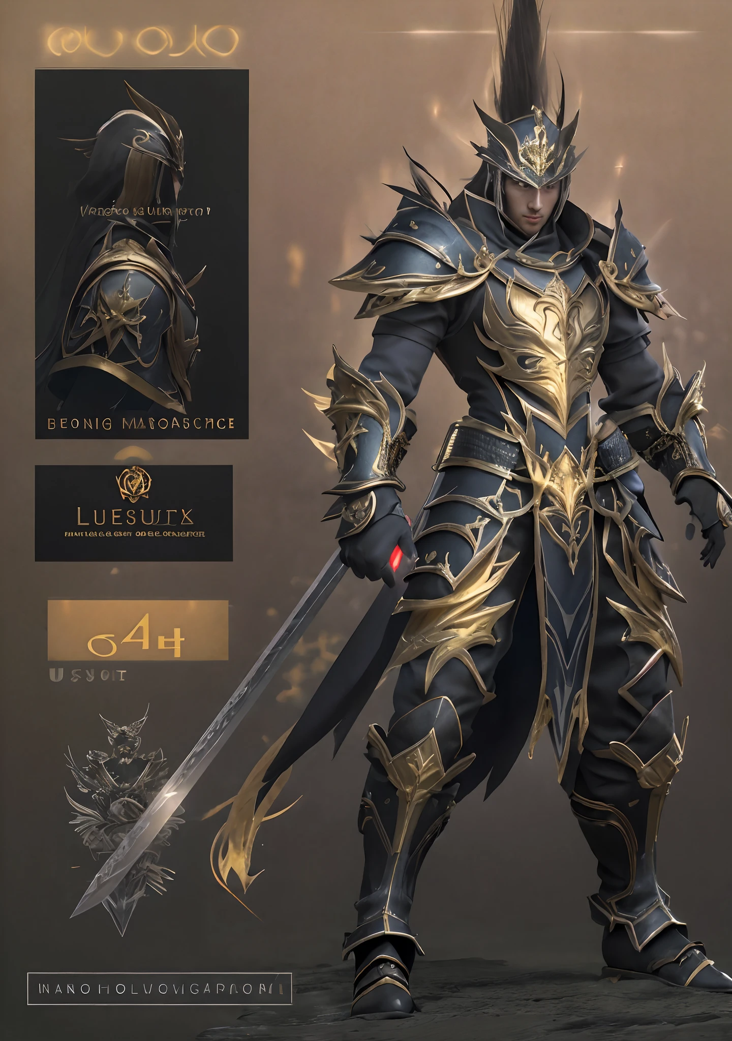 Design a layout showcase Gameing Character, a Warrior. Golden+Black armor, stylish and unique. Detailed huge sword. (masterpiece:1.2), (best quality), 4k, ultra-detailed, (dynamic composition: 1.4), Step by step design, layout art,(luminous lighting, atmospheric lighting), gloomy, magical, (((glove full hands))),