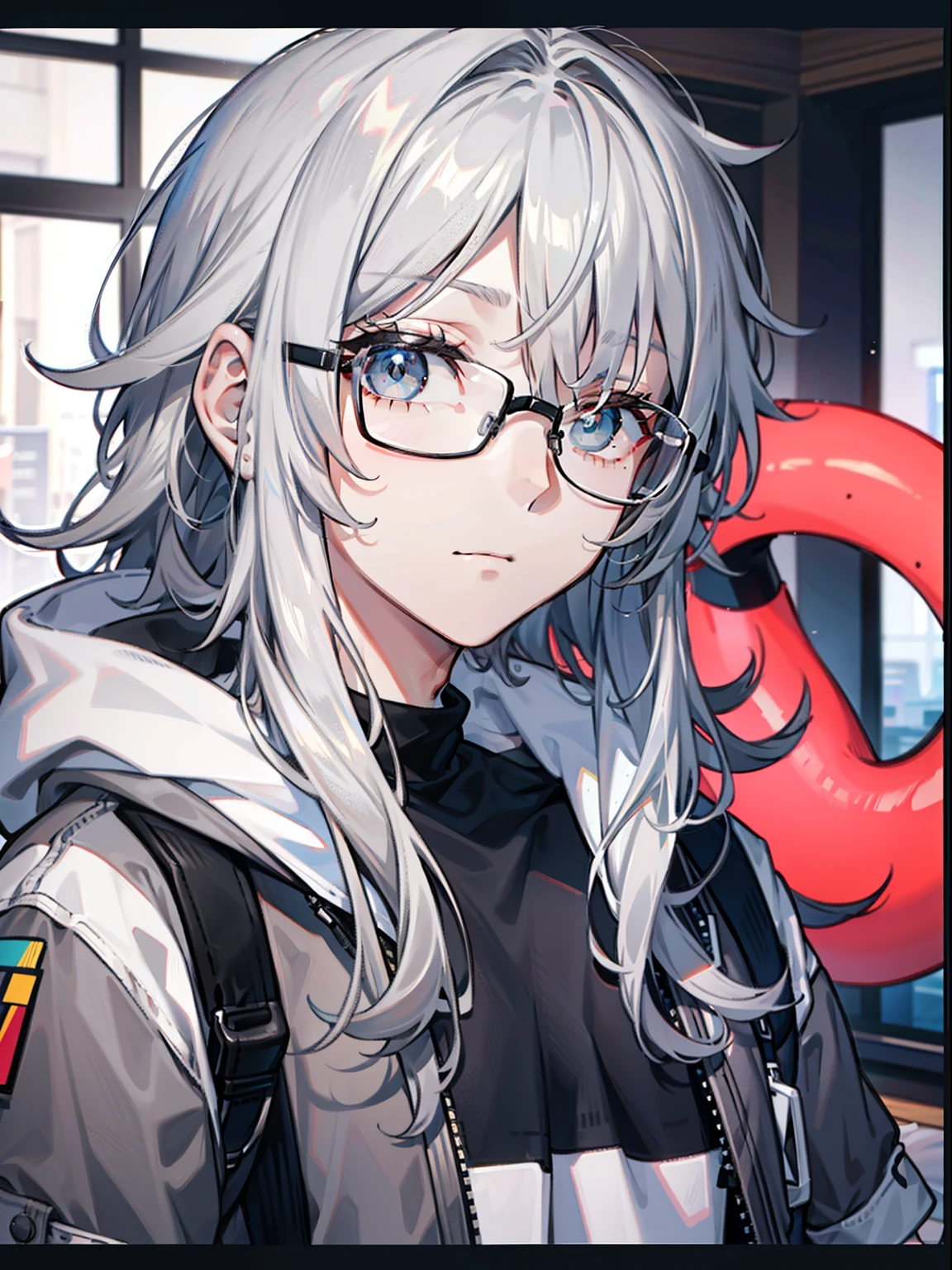 ((HighestQuali,tmasterpiece,4k,finedetail,Detailed eyes,详细的脸,Complicated details)),(((Gray eye))) ((Solo exhibition)),male people,male people,handsome,Adult men,dudes,Square chin line thin,being thin,((furry messy hair,Hair to shoulders,Long bangs fall on the face,disheveled bangs,Dark gray hair color。Gray hair)),((Light gray eye color,)),(((Modern hoodie in black,Loose black cargo pants))),((Wears silver half-rimmed glasses)),