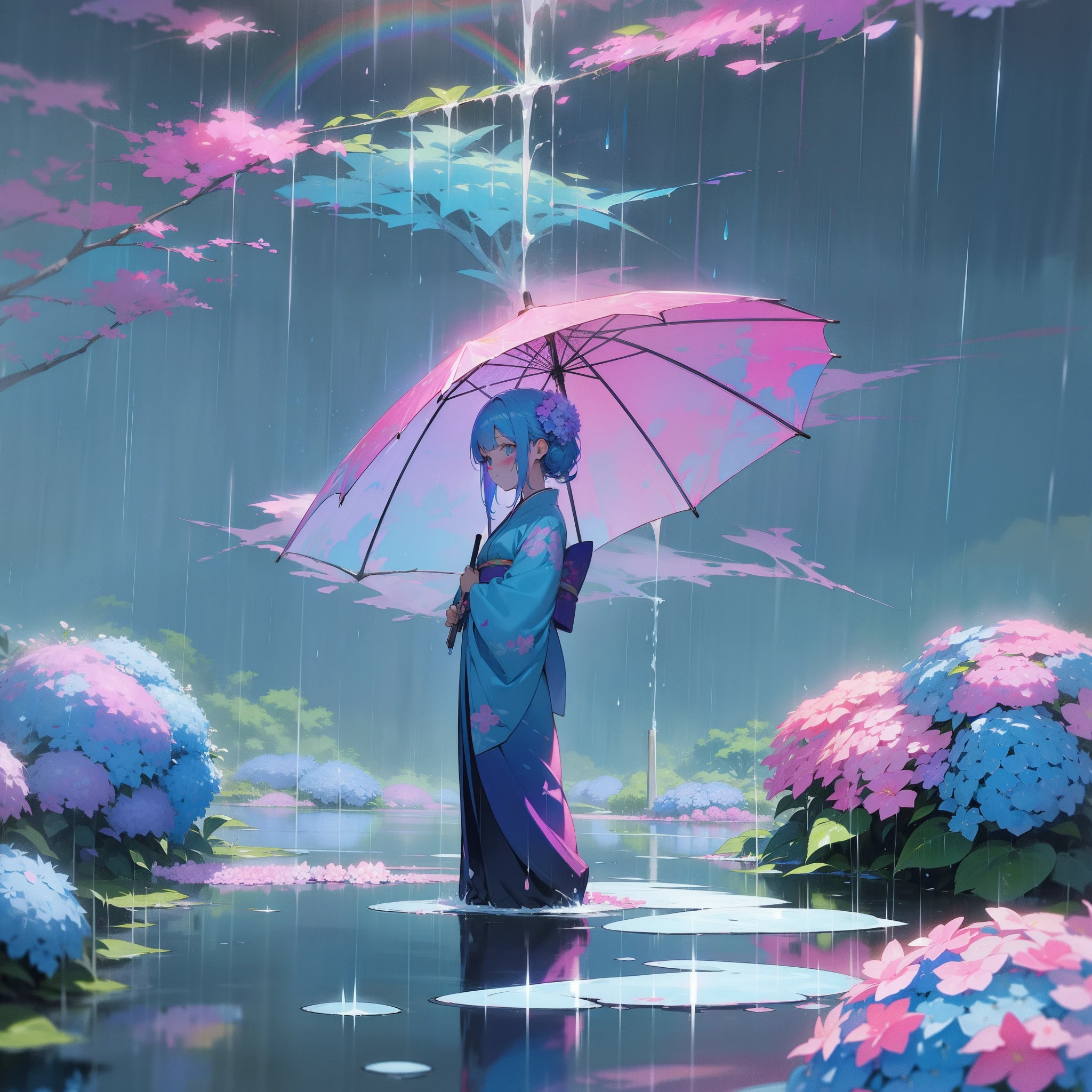 In a beautiful landscape、Her blue and pink colorful hair、Blue and pink colorful kimono、Colorful hydrangea flowers at the foot々Shine wet in the rain、Beyond is a mysterious rainbow。Beautiful world、Rainbow Goddess、Top image quality、Landscape painting